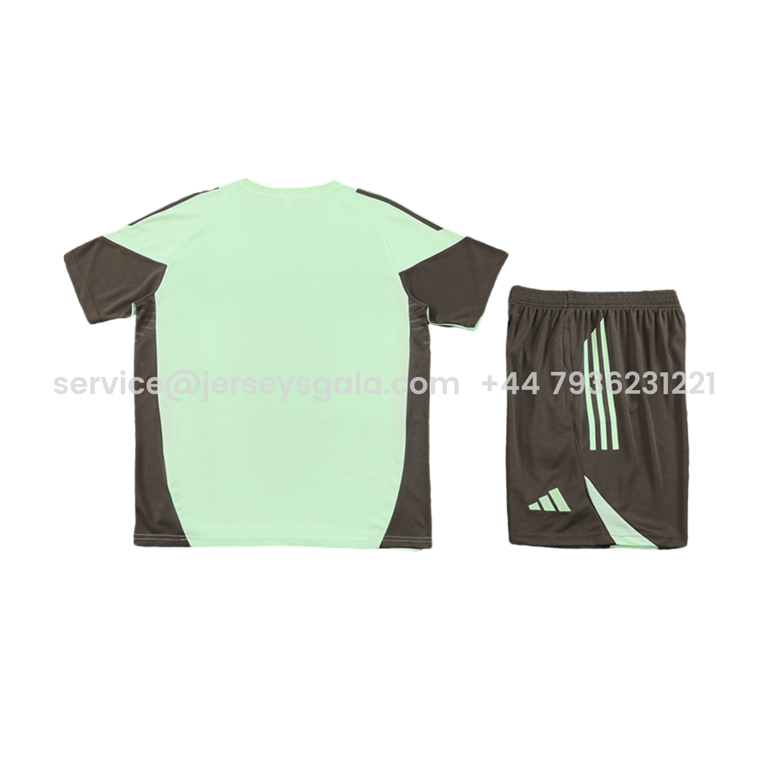 JerseysGala.com | Real Madrid 25-26 Kids Short-Sleeve Training Set - Light Green Top and Dark Khaki Shorts -Customize Name, Number and Patch | Worldwide Shipping