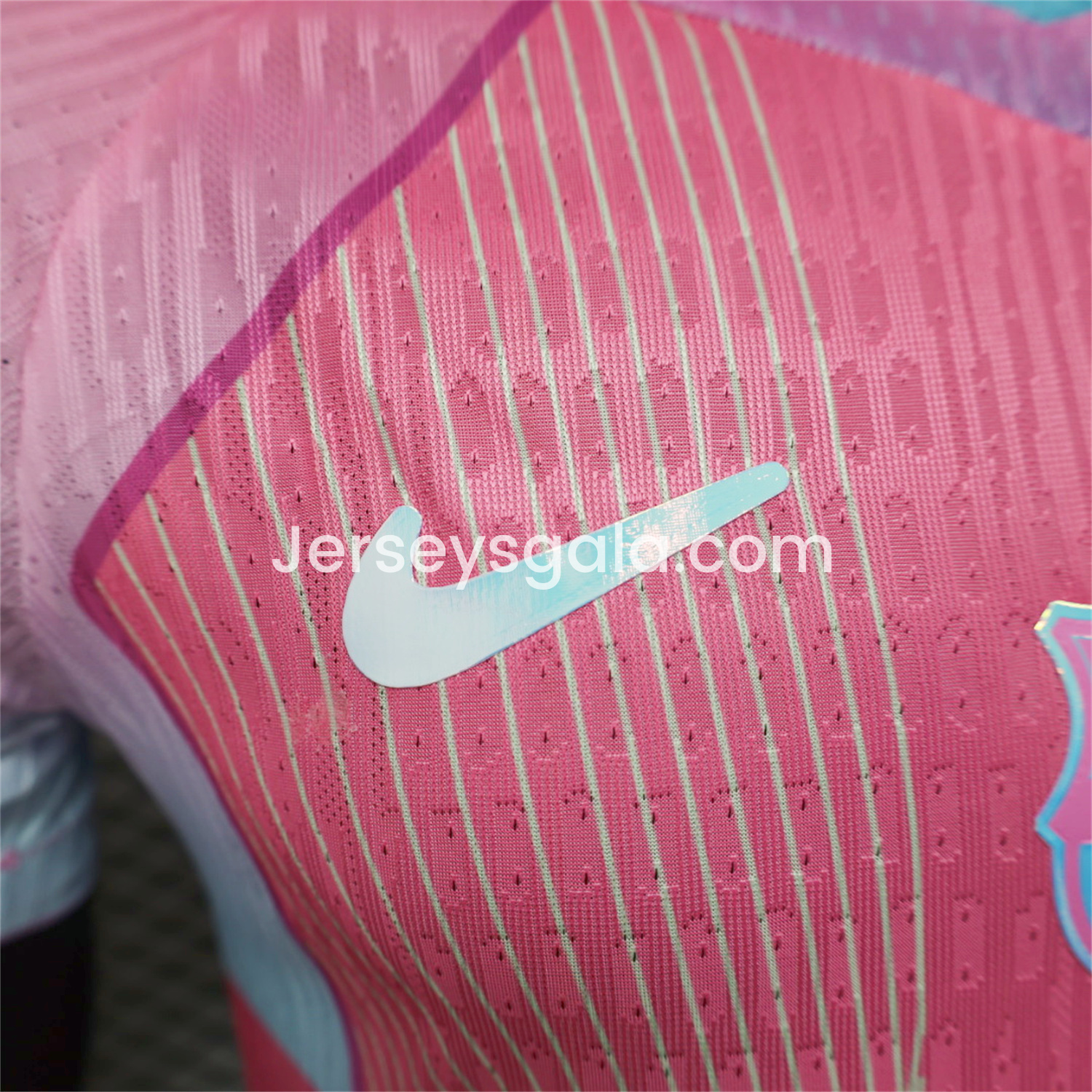 JerseysGala.com | Barcelona 25-26 Pink and Light Blue Stripes Jersey - Player Version -Customize Name, Number and Patch | Worldwide Shipping