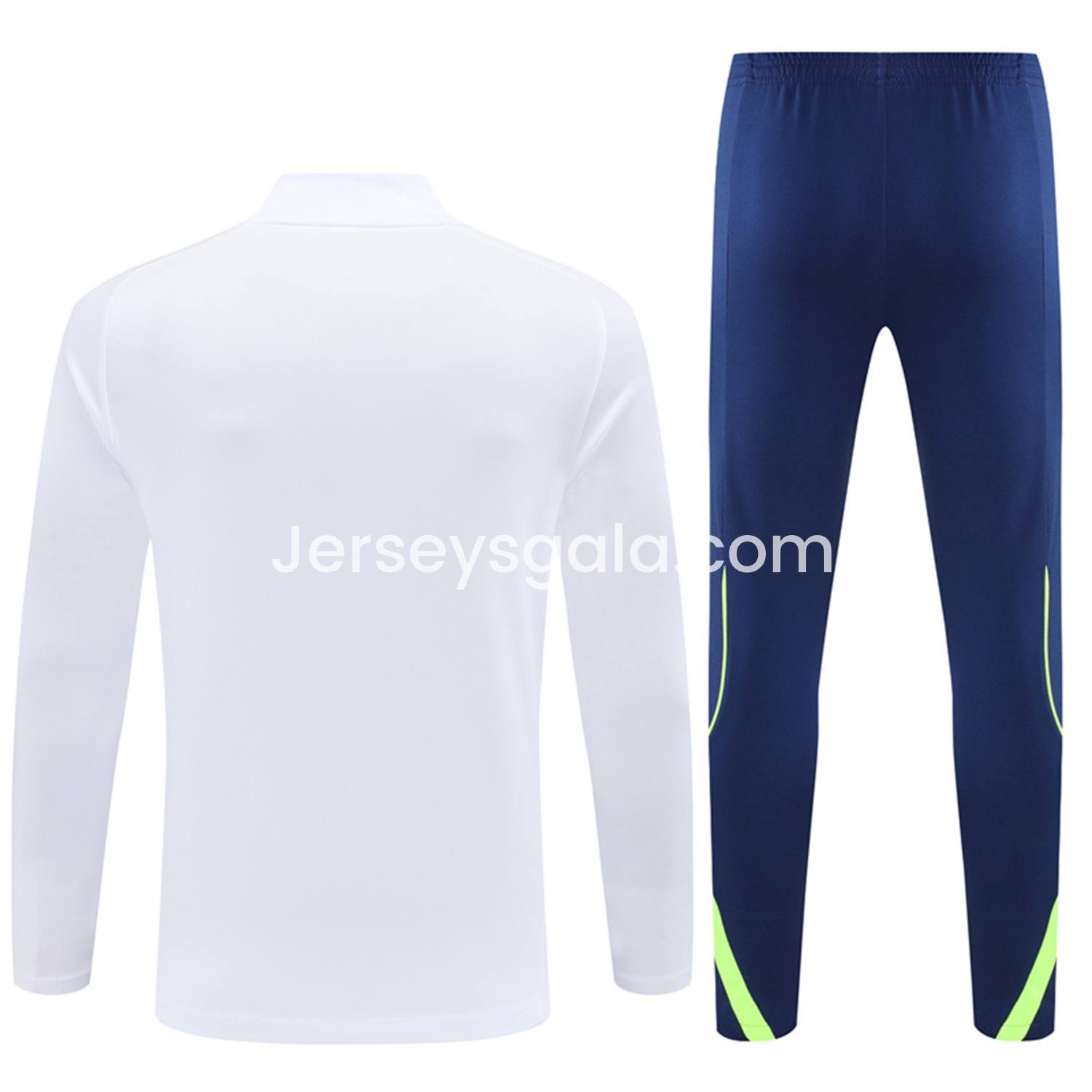 JerseysGala.com | Real Madrid 25-26 Long Sleeve Training Set - Green Line White Top and Blue Pants -Customize Name, Number and Patch | Worldwide Shipping