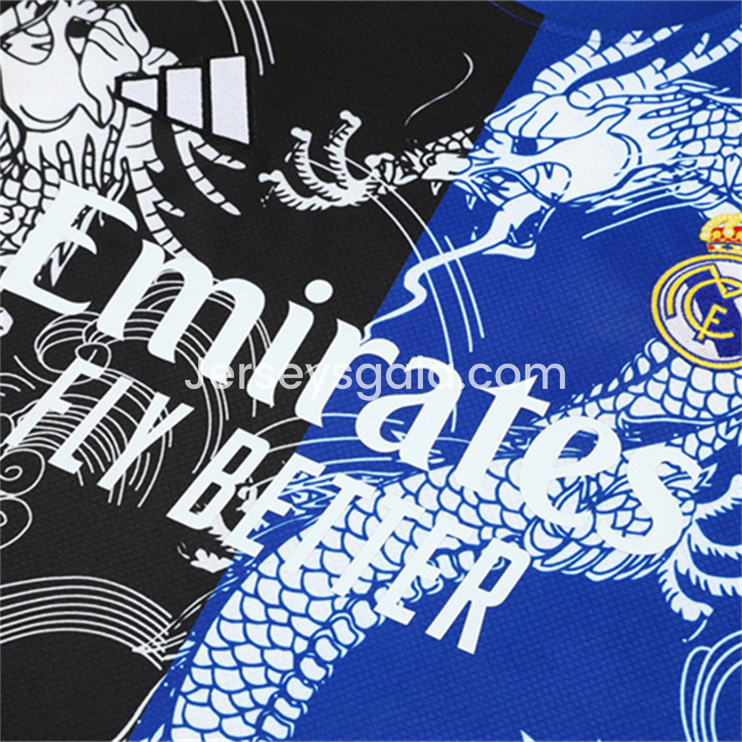 JerseysGala.com | Real Madrid 25-26 Kid Short-Sleeve Training Set - Blue Black Dragon Top & Black Shorts -Customize Name, Number and Patch | Worldwide Shipping
