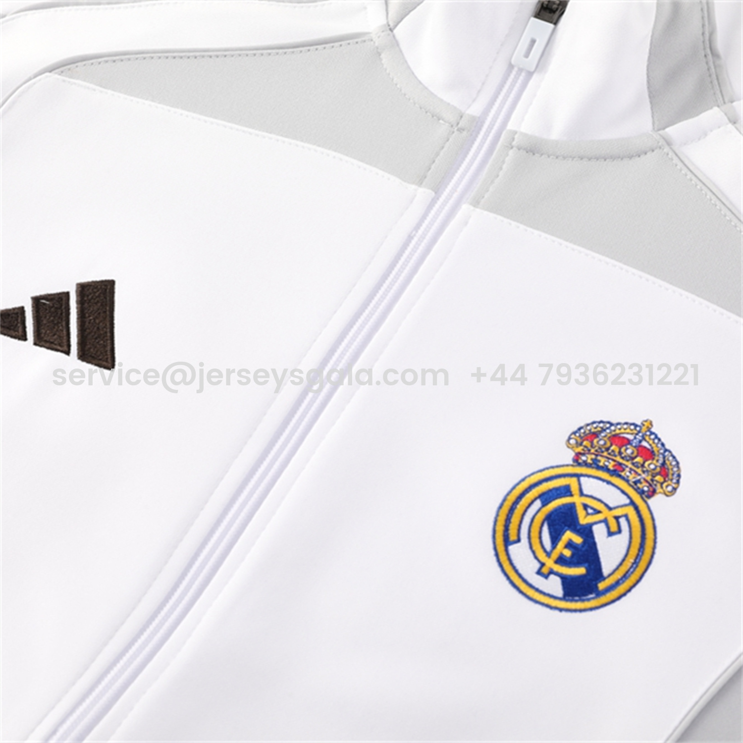 JerseysGala.com | Real Madrid 25-26 Jacket Training Tracksuit - White Jackets & Light Grey Pants -Customize Name, Number and Patch | Worldwide Shipping