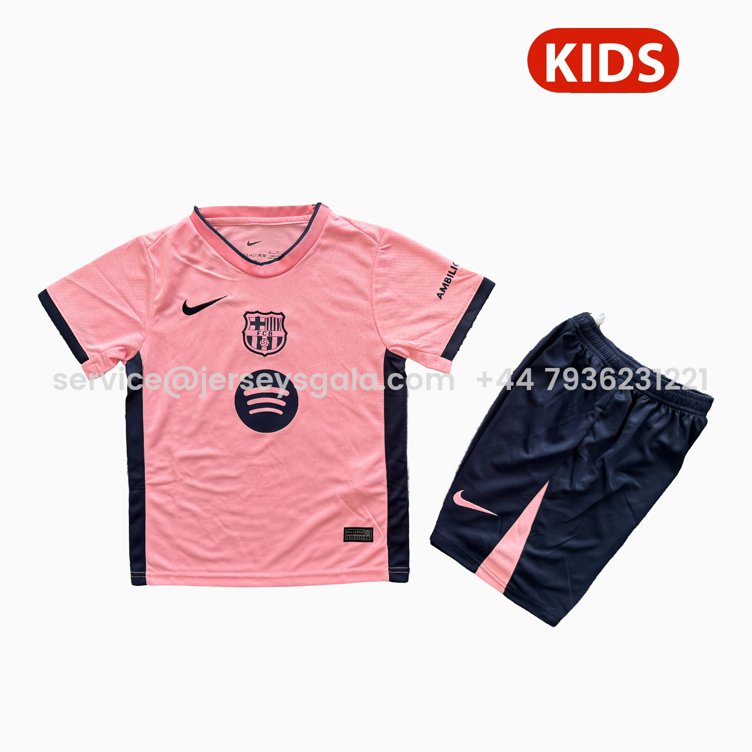 JerseysGala.com | Barcelona 25-26 Pure Pink Special Kids Kit -Customize Name, Number and Patch | Worldwide Shipping