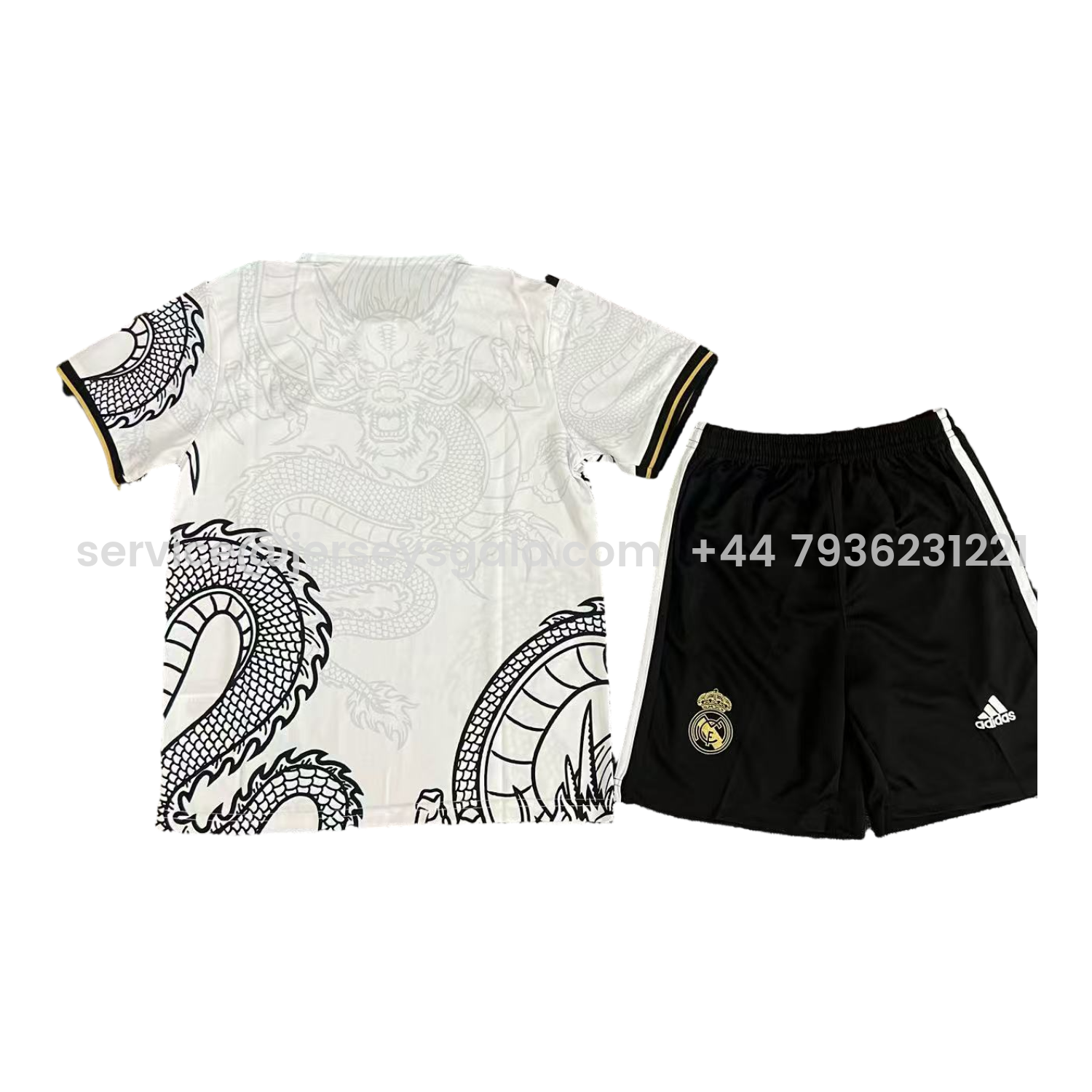 JerseysGala.com | Real Madrid 25-26 Black Dragon Body White Special Polo Kids Kit -Customize Name, Number and Patch | Worldwide Shipping
