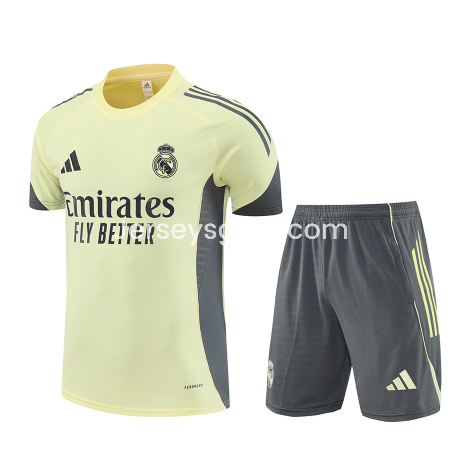 JerseysGala.com | Real Madrid 25-26 Short-Sleeve Training Set - Yellow Top and Grey Shorts -Customize Name, Number and Patch | Worldwide Shipping