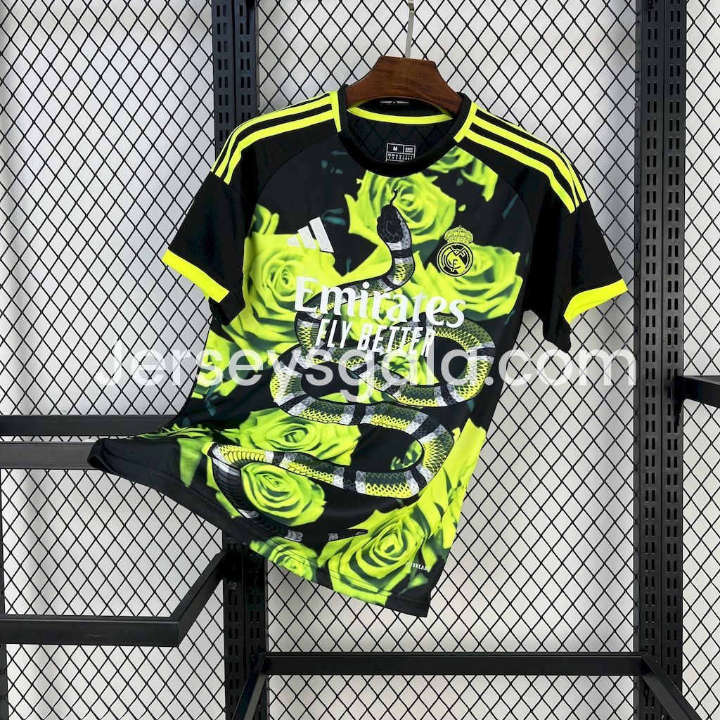JerseysGala.com | Real Madrid 25-26 Snake and Green Flowers Black Jersey - Fans Version -Customize Name, Number and Patch | Worldwide Shipping