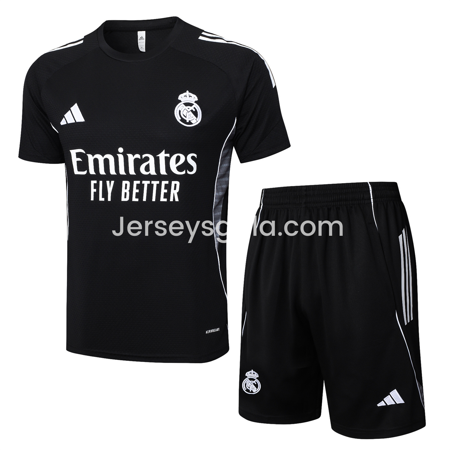 JerseysGala.com | Real Madrid 25-26 Short-Sleeve Training Set - Black Top and Black Shorts -Customize Name, Number and Patch | Worldwide Shipping
