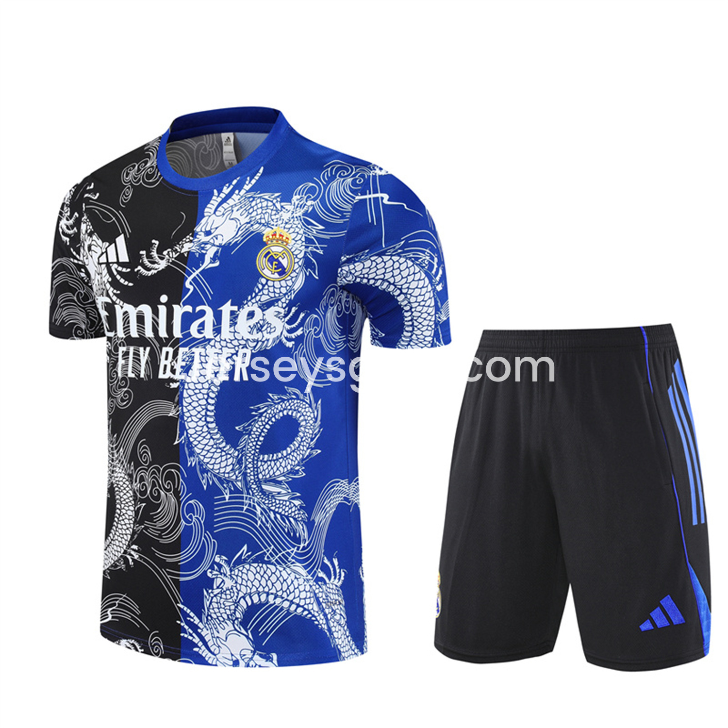 JerseysGala.com | Real Madrid 25-26 Short-Sleeve Training Set - Blue Black Dragon Top & Black Shorts -Customize Name, Number and Patch | Worldwide Shipping