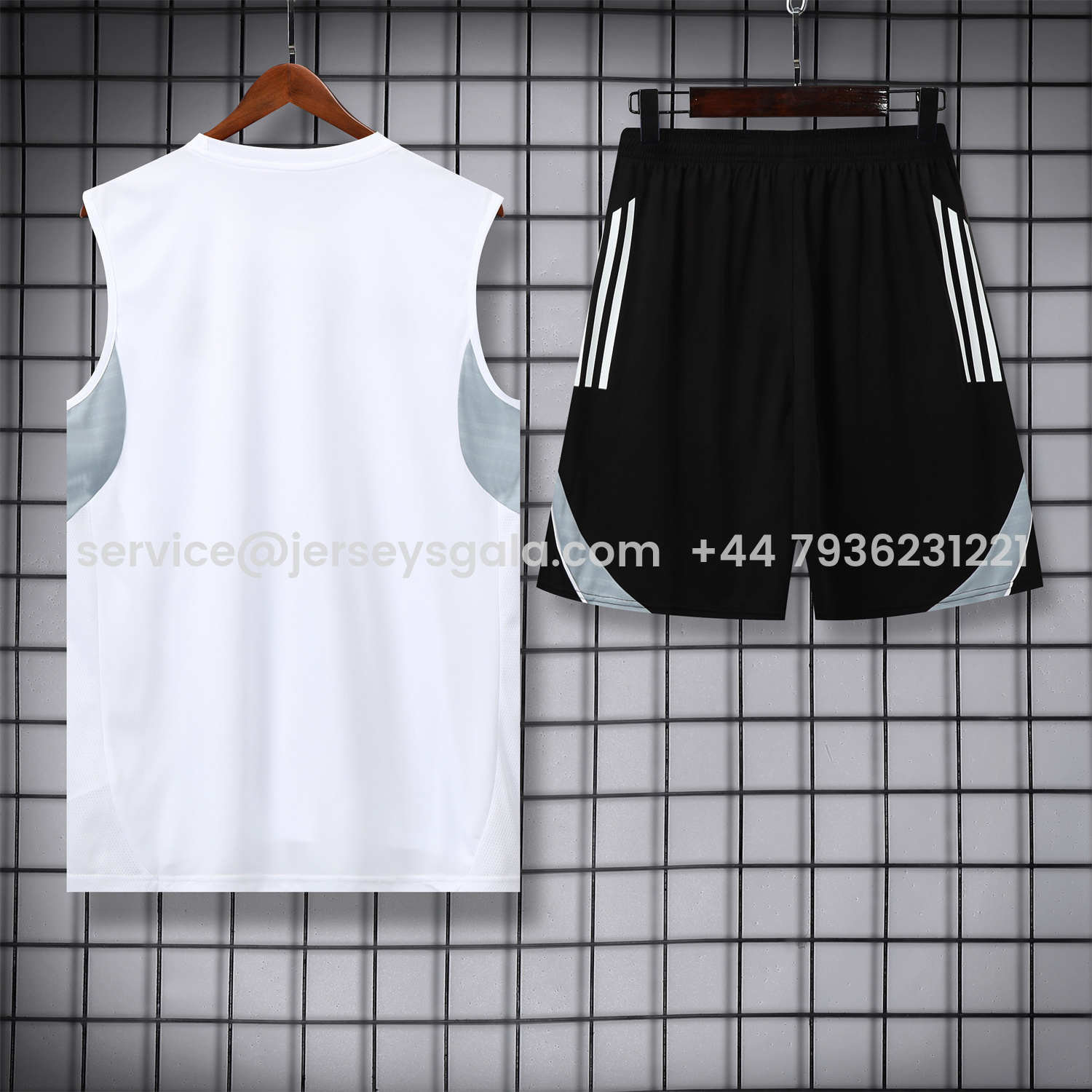 JerseysGala.com | Real Madrid 25-26 Vest Training Set - Grey And White Vest & Black Shorts -Customize Name, Number and Patch | Worldwide Shipping