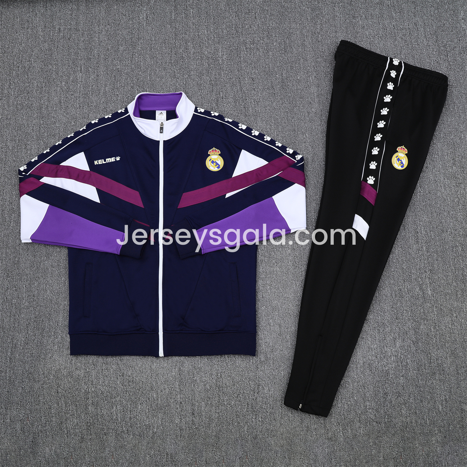 JerseysGala.com | Real Madrid 25-26 Throwback Jacket Training Tracksuit - Deep Blue and Purple Jackets & Black Pants -Customize Name, Number and Patch | Worldwide Shipping