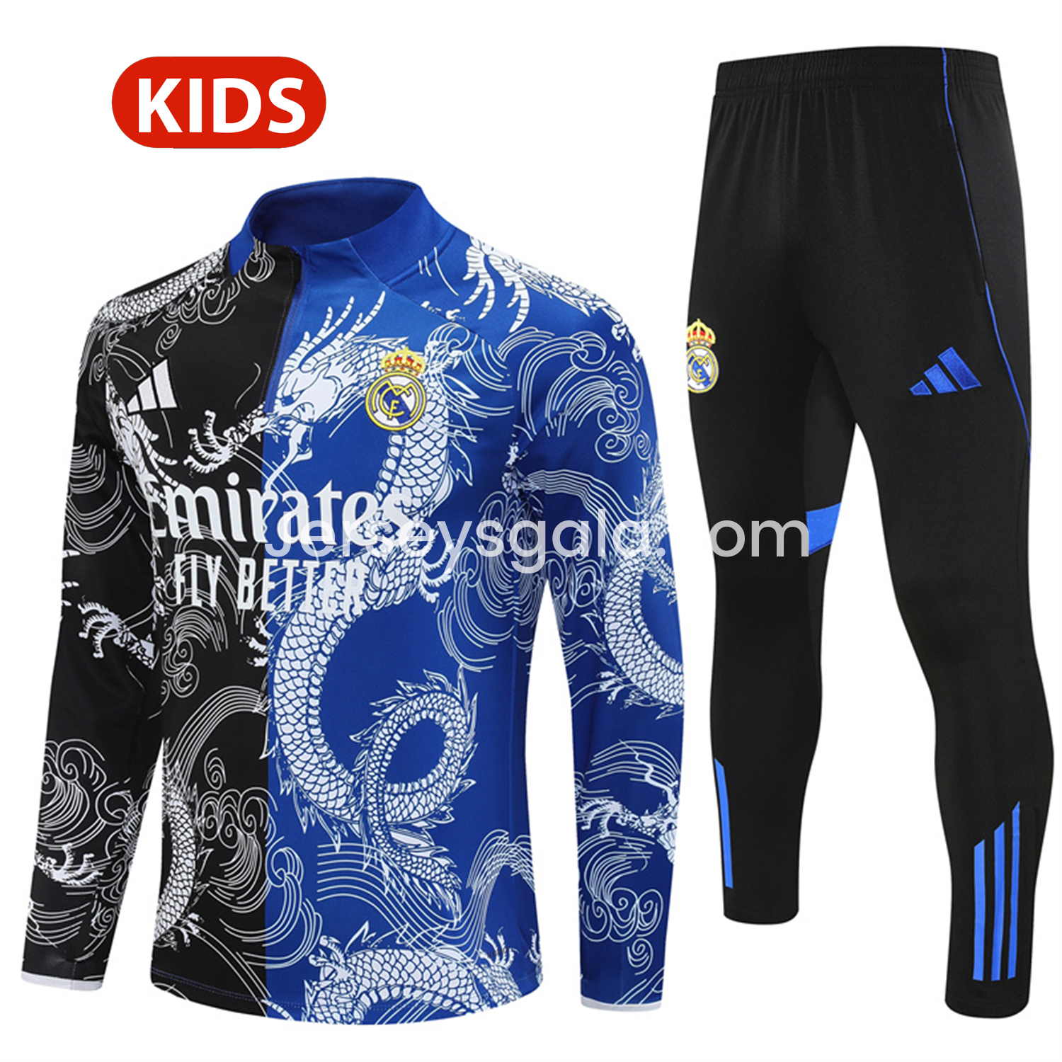 JerseysGala.com | Real Madrid 25-26 Kids Long Sleeve Training Set - White Loong Black Blue Top and Black Pants -Customize Name, Number and Patch | Worldwide Shipping