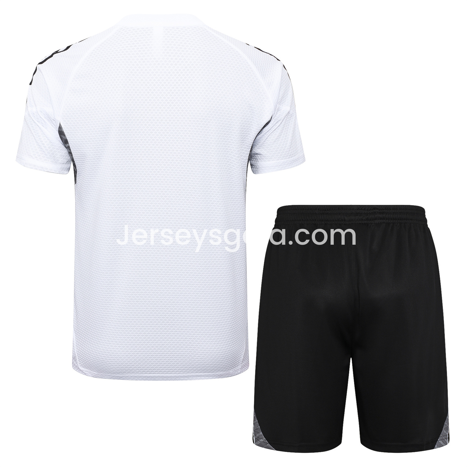 JerseysGala.com | Real Madrid 25-26 Short-Sleeve Training Set - White Top and Black Shorts -Customize Name, Number and Patch | Worldwide Shipping