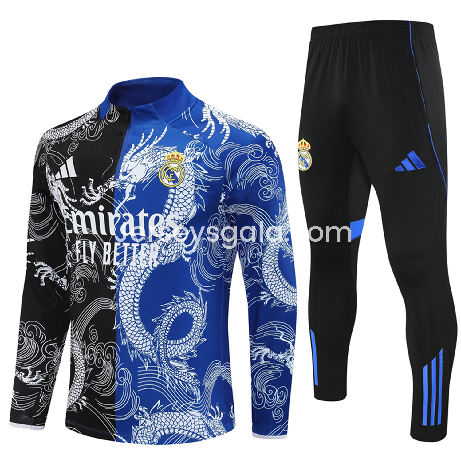 JerseysGala.com | Real Madrid 25-26 Long Sleeve Training Set - White Loong Black Blue Top and Black Pants -Customize Name, Number and Patch | Worldwide Shipping