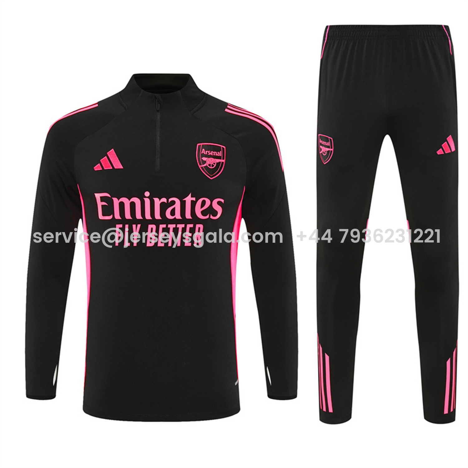 JerseysGala.com | Arsenal 25-26 Long Sleeve Training Set - Pink Logo Black Top & Black Pants -Customize Name, Number and Patch | Worldwide Shipping