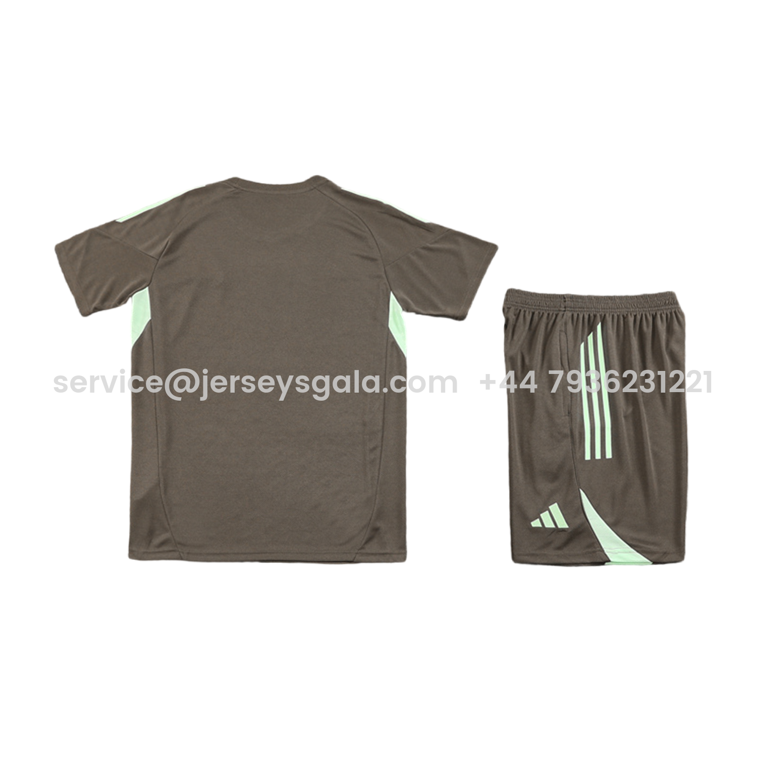 JerseysGala.com | Real Madrid 25-26 Kids Short-Sleeve Training Set - Dark Khaki Top and Shorts -Customize Name, Number and Patch | Worldwide Shipping