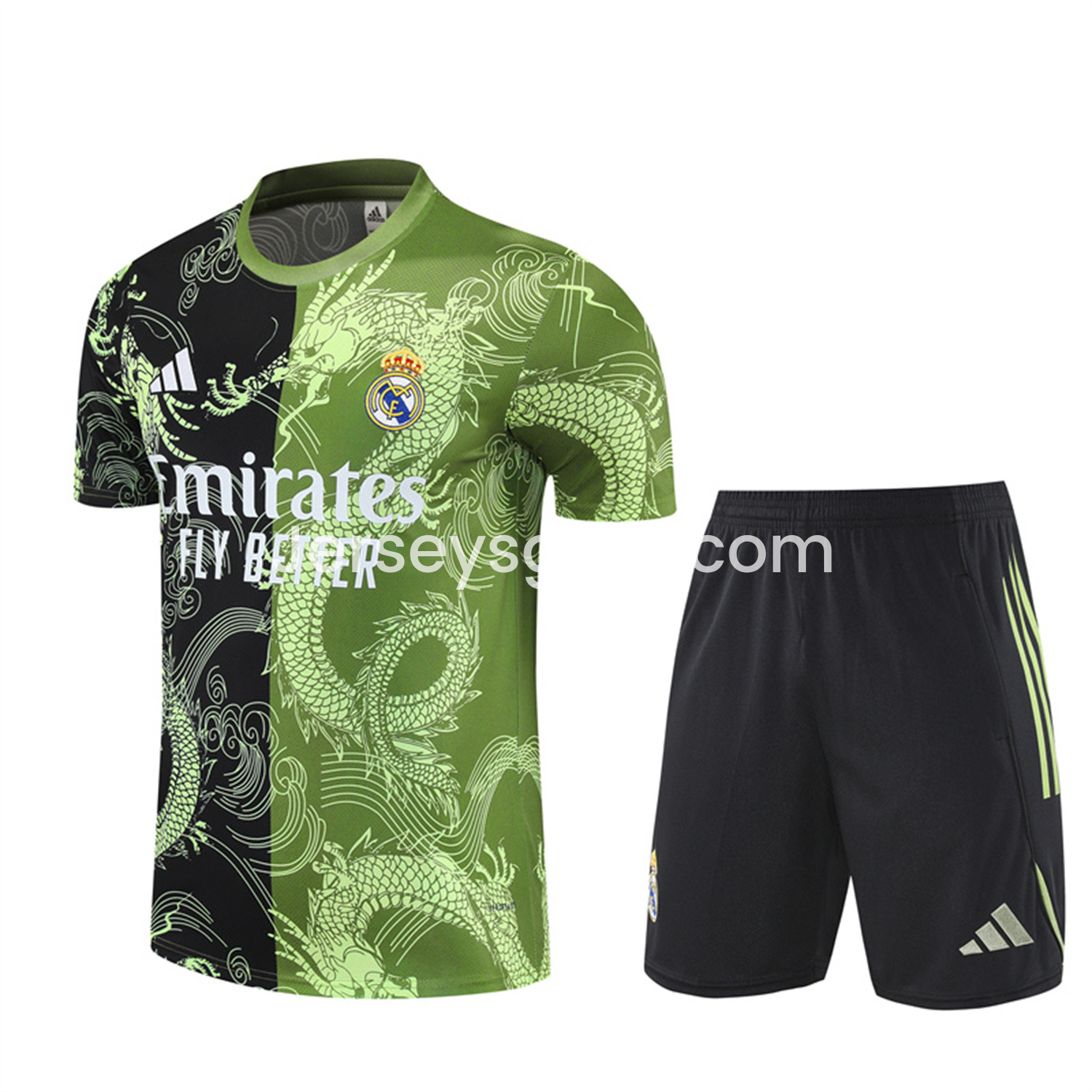 JerseysGala.com | Real Madrid 25-26 Short-Sleeve Training Set - Green Black Top & Black Shorts -Customize Name, Number and Patch | Worldwide Shipping