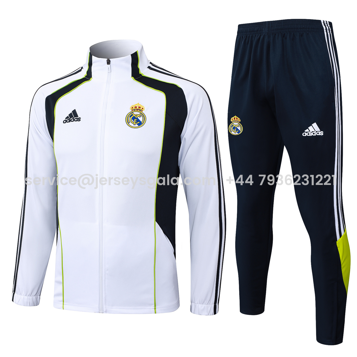 JerseysGala.com | Real Madrid 25-26 Jacket Training Tracksuit - White Throwback Jackets & Black Pants -Customize Name, Number and Patch | Worldwide Shipping