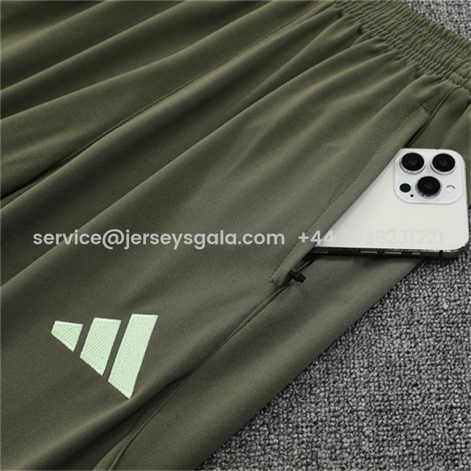 JerseysGala.com | Real Madrid 25-26 Kids Long Sleeve Training Set - Light Green Top & Army Green Pants -Customize Name, Number and Patch | Worldwide Shipping