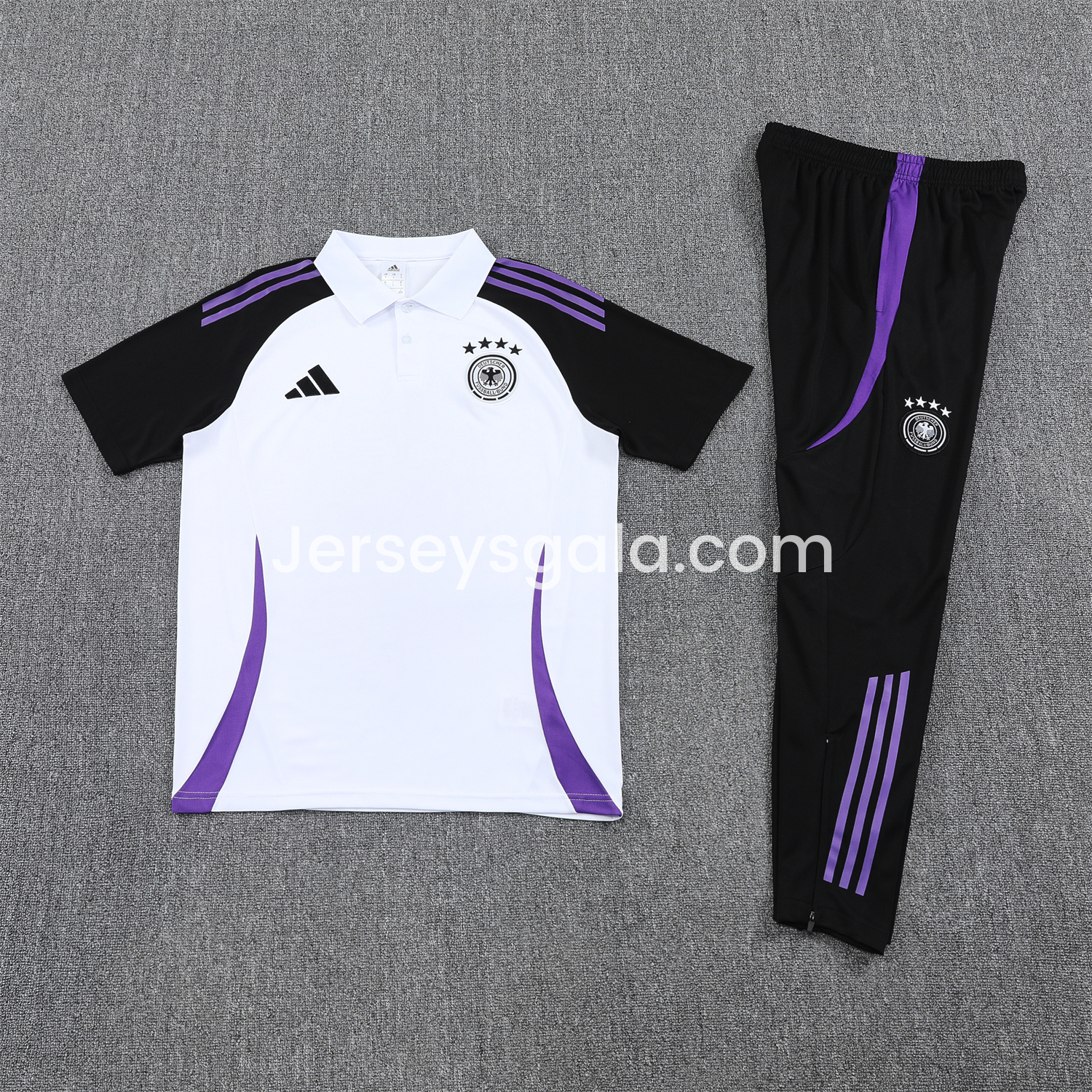 JerseysGala.com | Germany 25-26 POLO Short-Sleeve Training Set - White Top Black Pants -Customize Name, Number and Patch | Worldwide Shipping