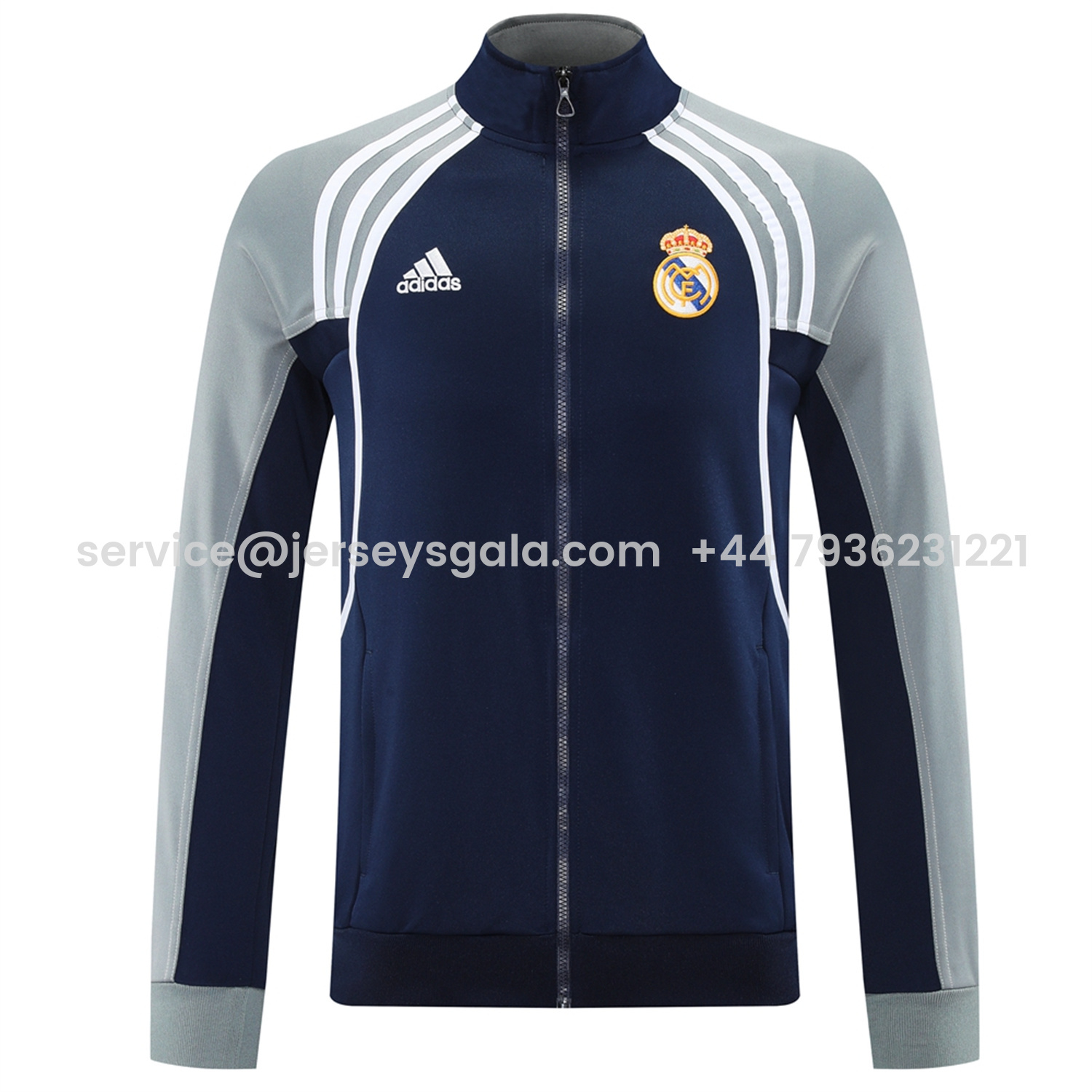 JerseysGala.com | Real Madrid 25-26 Jacket Training Tracksuit - Blue Grey Jackets & Pants -Customize Name, Number and Patch | Worldwide Shipping