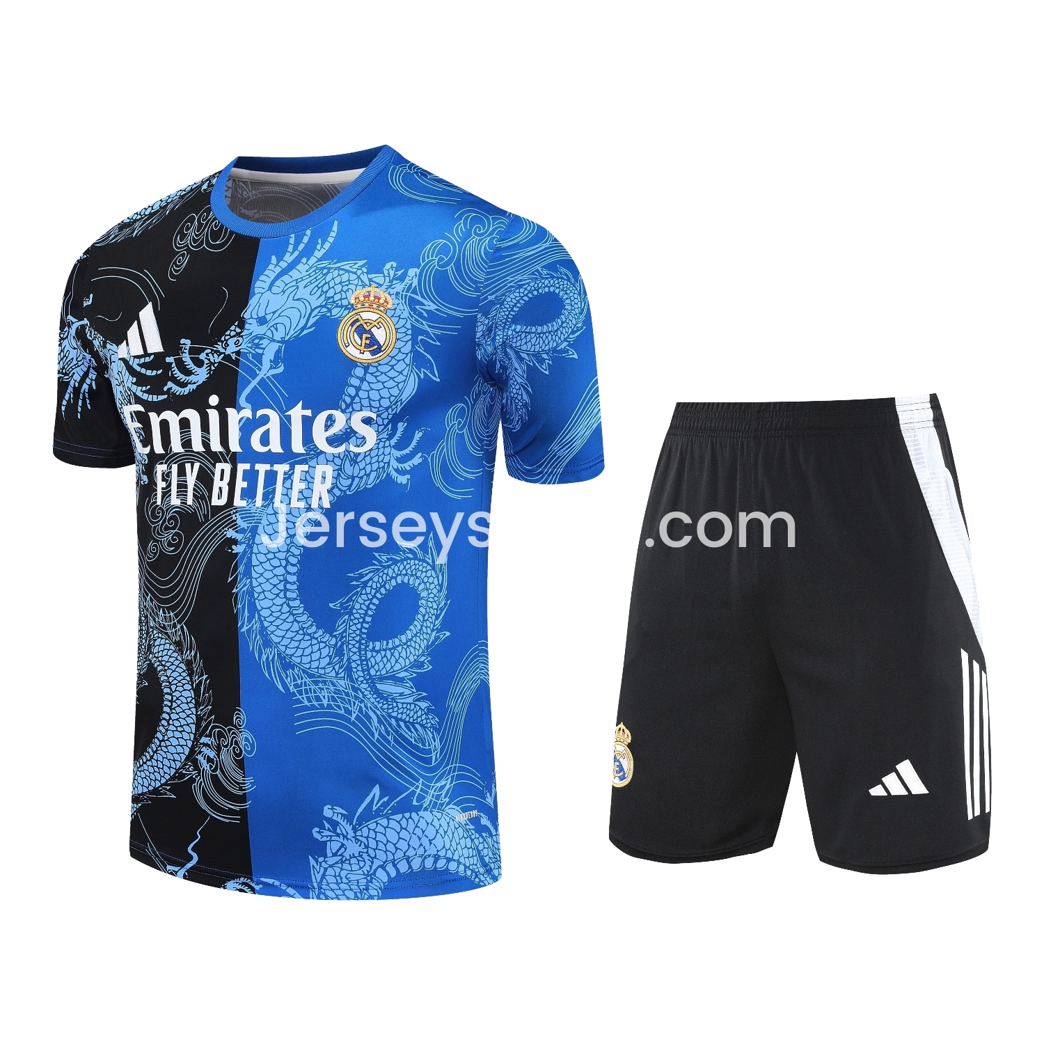 JerseysGala.com | Real Madrid 25-26 Short-Sleeve Training Set - Blue Black Dragon Top & Black-White Shorts -Customize Name, Number and Patch | Worldwide Shipping