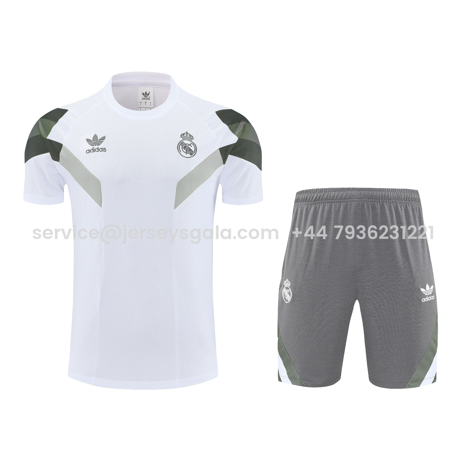 JerseysGala.com | Real Madrid 25-26 Short-Sleeve Training Set - White Top & Gray Shorts -Customize Name, Number and Patch | Worldwide Shipping