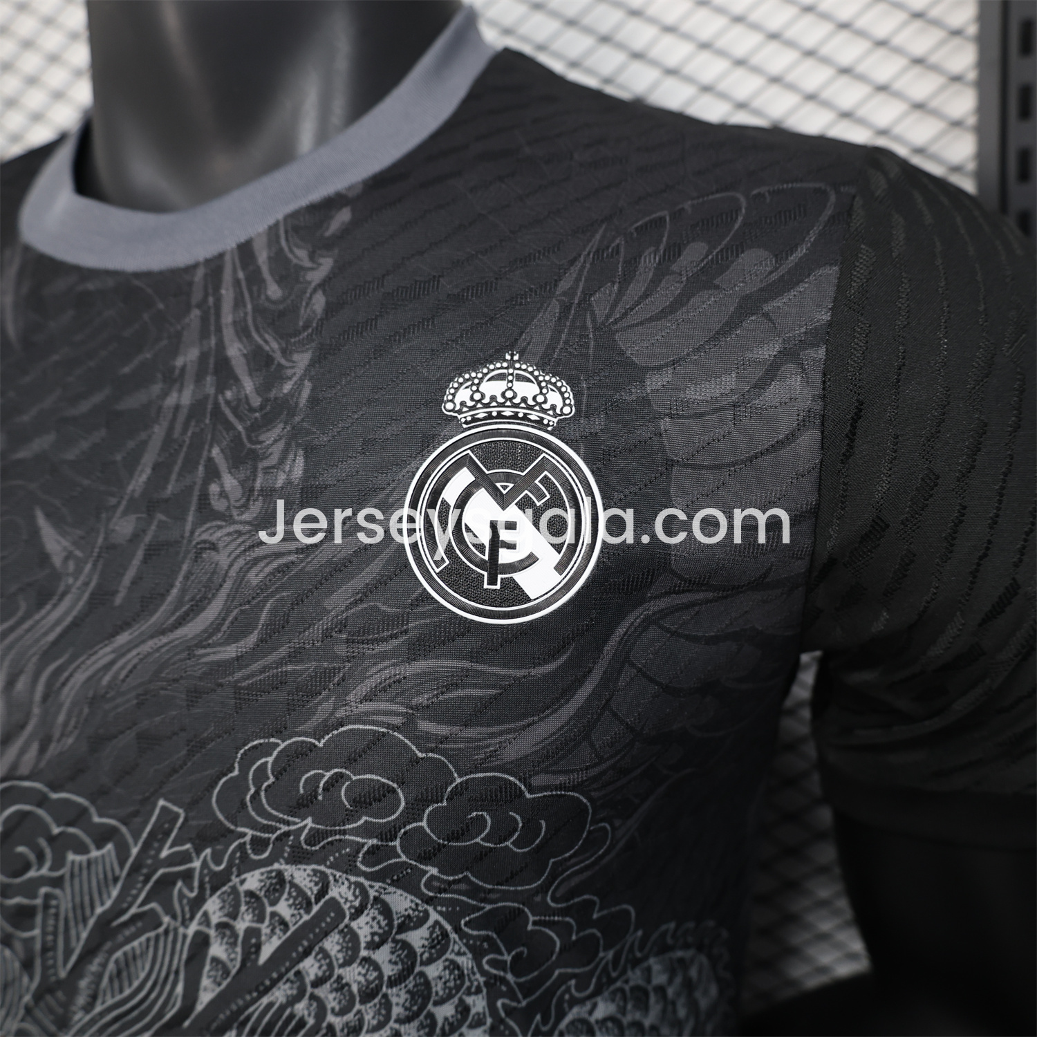 JerseysGala.com | Real Madrid 25-26 Grey Chinese Loong and Auspicious Clouds Line Drawing Black Jersey - Player Version -Customize Name, Number and Patch | Worldwide Shipping