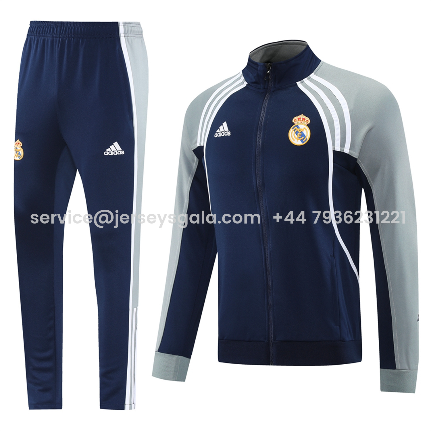 JerseysGala.com | Real Madrid 25-26 Jacket Training Tracksuit - Blue Grey Jackets & Pants -Customize Name, Number and Patch | Worldwide Shipping