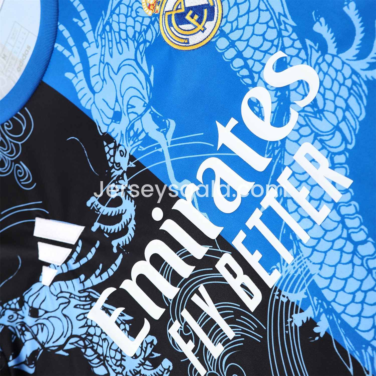 JerseysGala.com | Real Madrid 25-26 Short-Sleeve Training Set - Blue Black Dragon Top & Black-White Shorts -Customize Name, Number and Patch | Worldwide Shipping