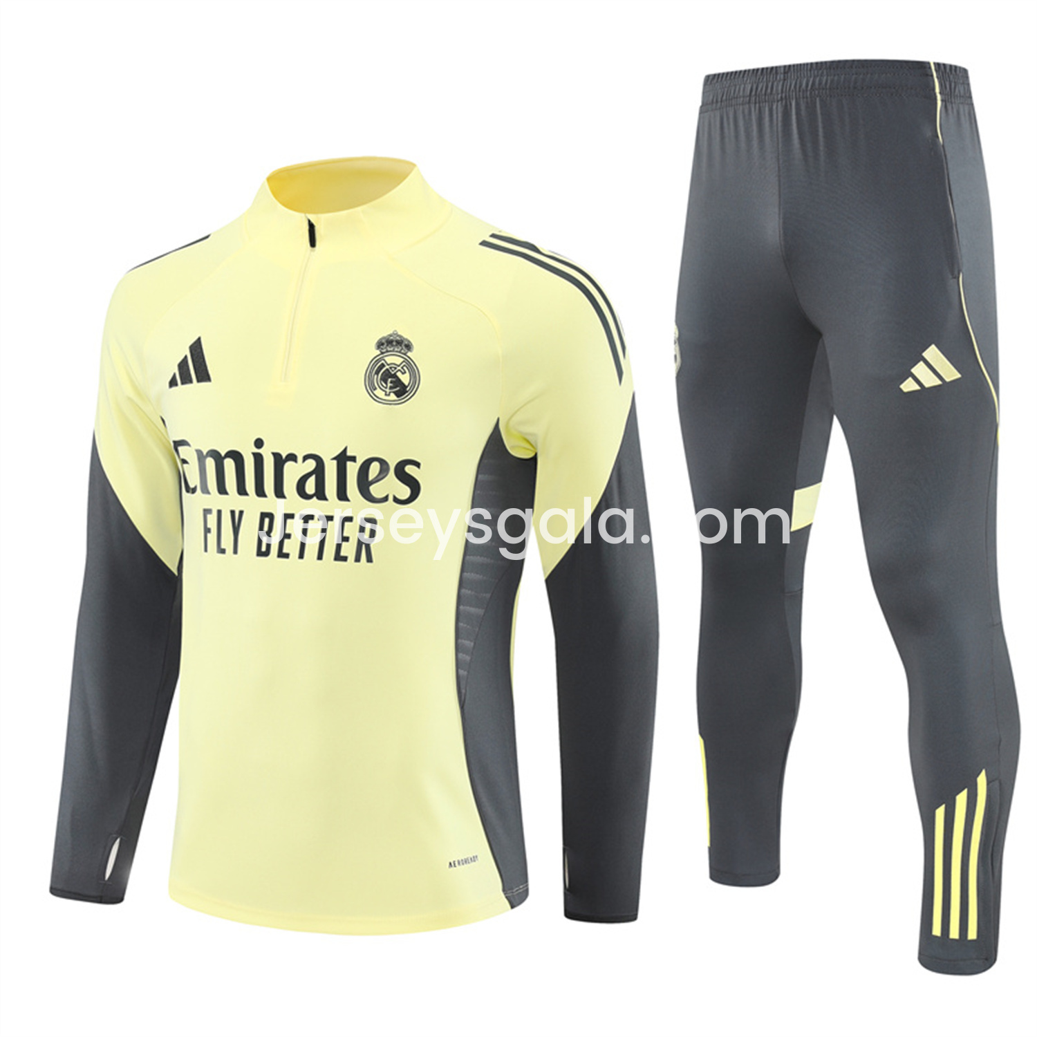 JerseysGala.com | Real Madrid 25-26 Long Sleeves Training Set - Yellow Top & Gray Pants -Customize Name, Number and Patch | Worldwide Shipping