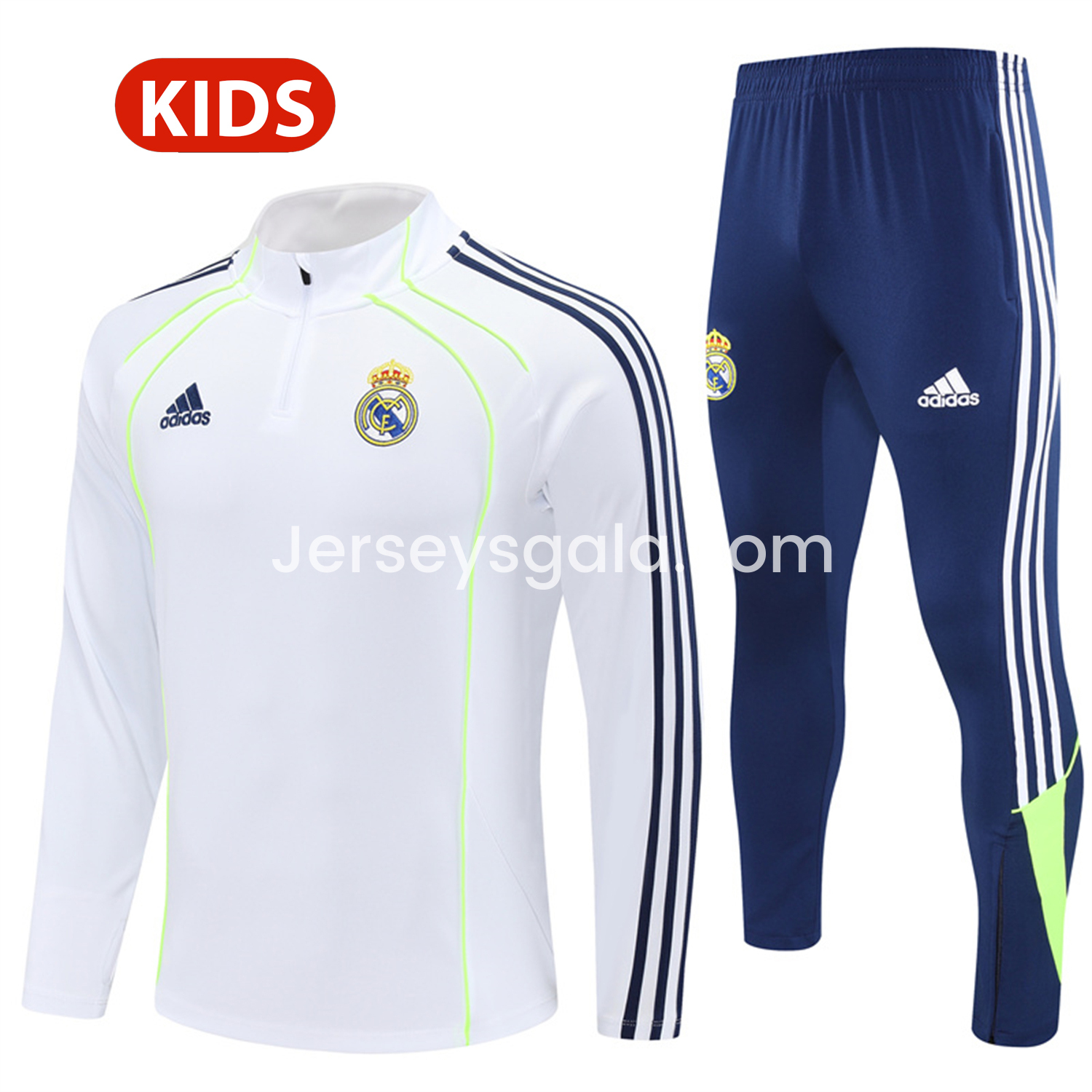 JerseysGala.com | Real Madrid 25-26 Kids Long Sleeves Training Set - Green Line White Top and Blue Pants -Customize Name, Number and Patch | Worldwide Shipping