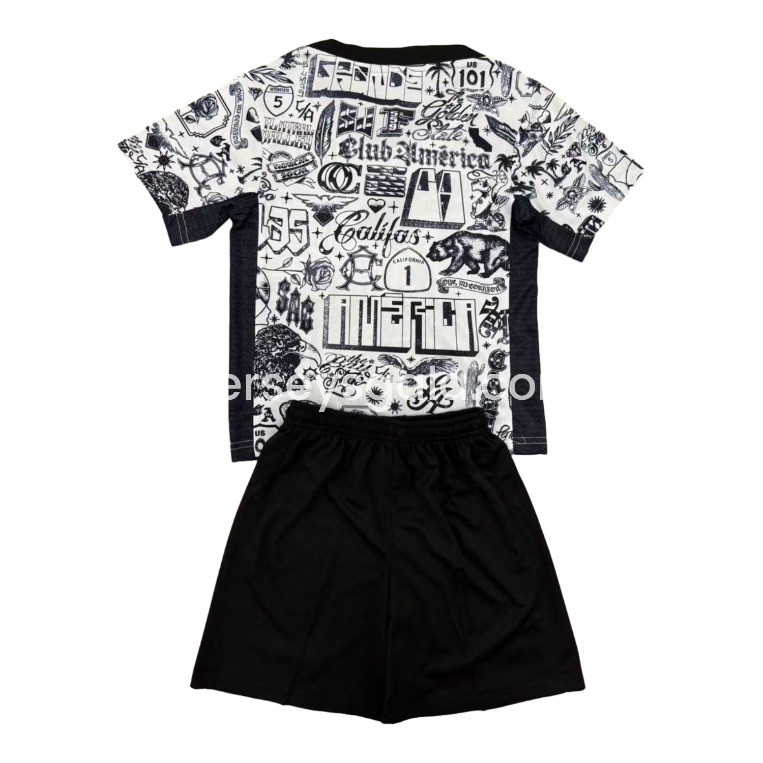 JerseysGala.com | Club América 24-25 Pre-match Black and White Graffiti Training Kids Kit -Customize Name, Number and Patch | Worldwide Shipping