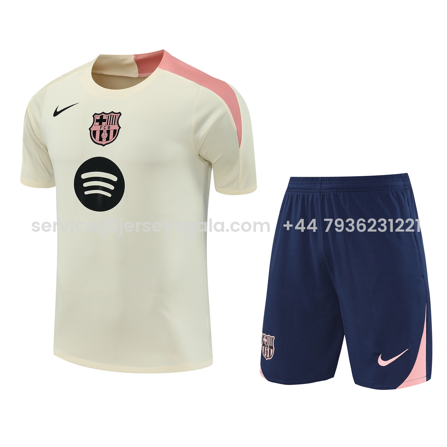 JerseysGala.com | Barcelona 25-26 Short-Sleeve Training Set - Cream Top & Deep Blue Shorts -Customize Name, Number and Patch | Worldwide Shipping