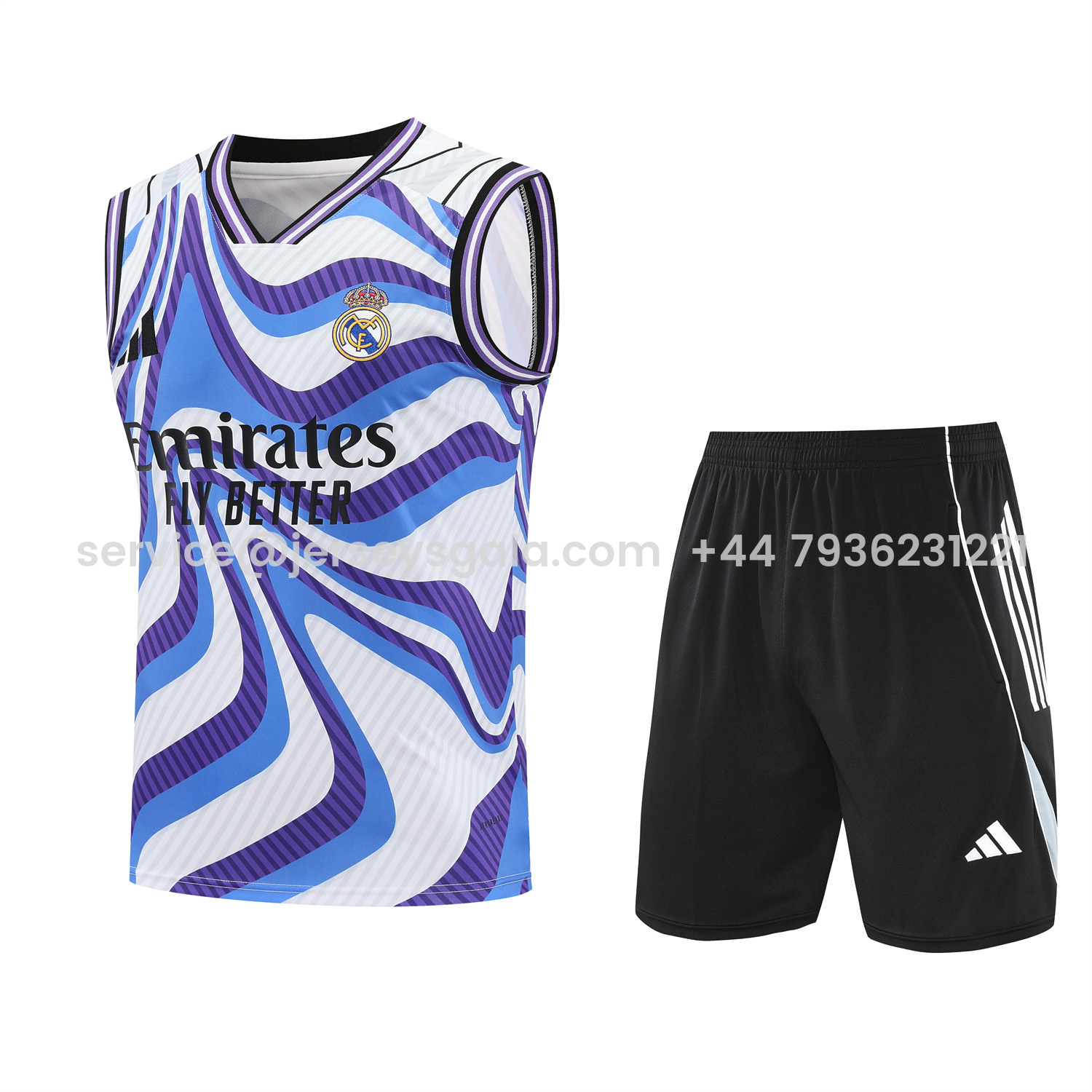 JerseysGala.com | Real Madrid 25-26 Vest Training Set - Blue Purple Curve Pattern Vest & Black Shorts -Customize Name, Number and Patch | Worldwide Shipping