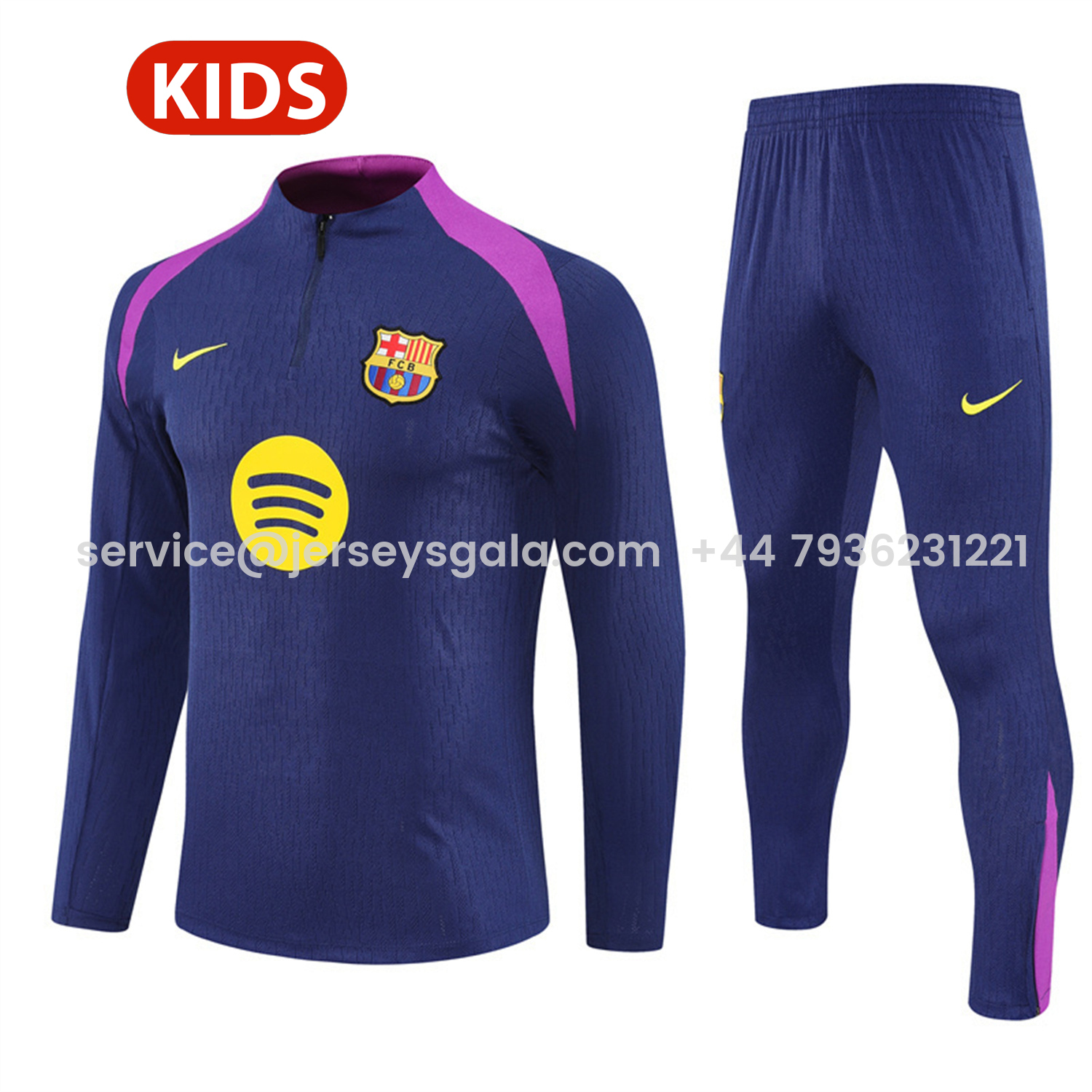 JerseysGala.com | Barcelona 25-26 Kids Long Sleeve Training Set - Royal Blue Top Yellow Sponsor & Royal Blue Pants -Customize Name, Number and Patch | Worldwide Shipping
