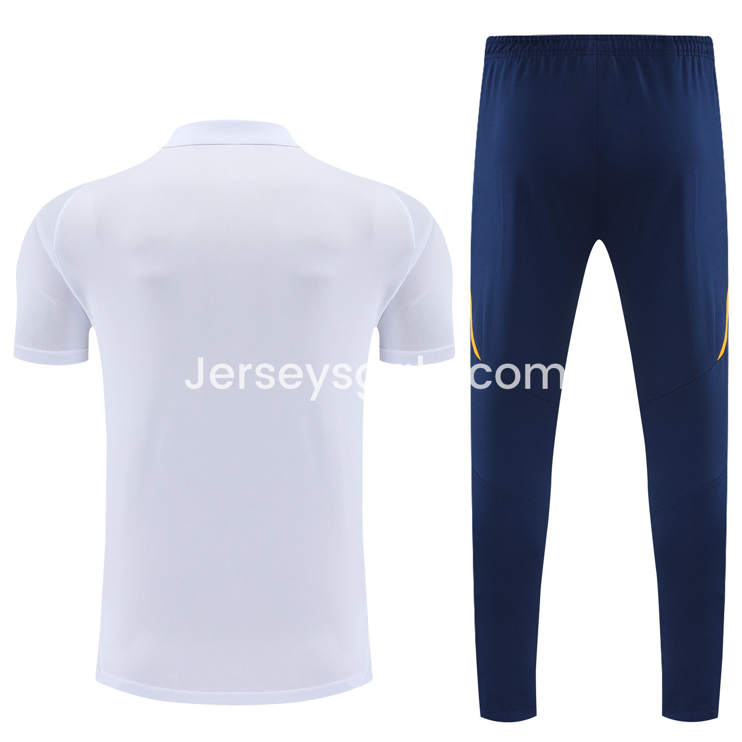 JerseysGala.com | Real Madrid 25-26 POLO Short-Sleeve Training Set - White Top and Deep Blue Pants -Customize Name, Number and Patch | Worldwide Shipping