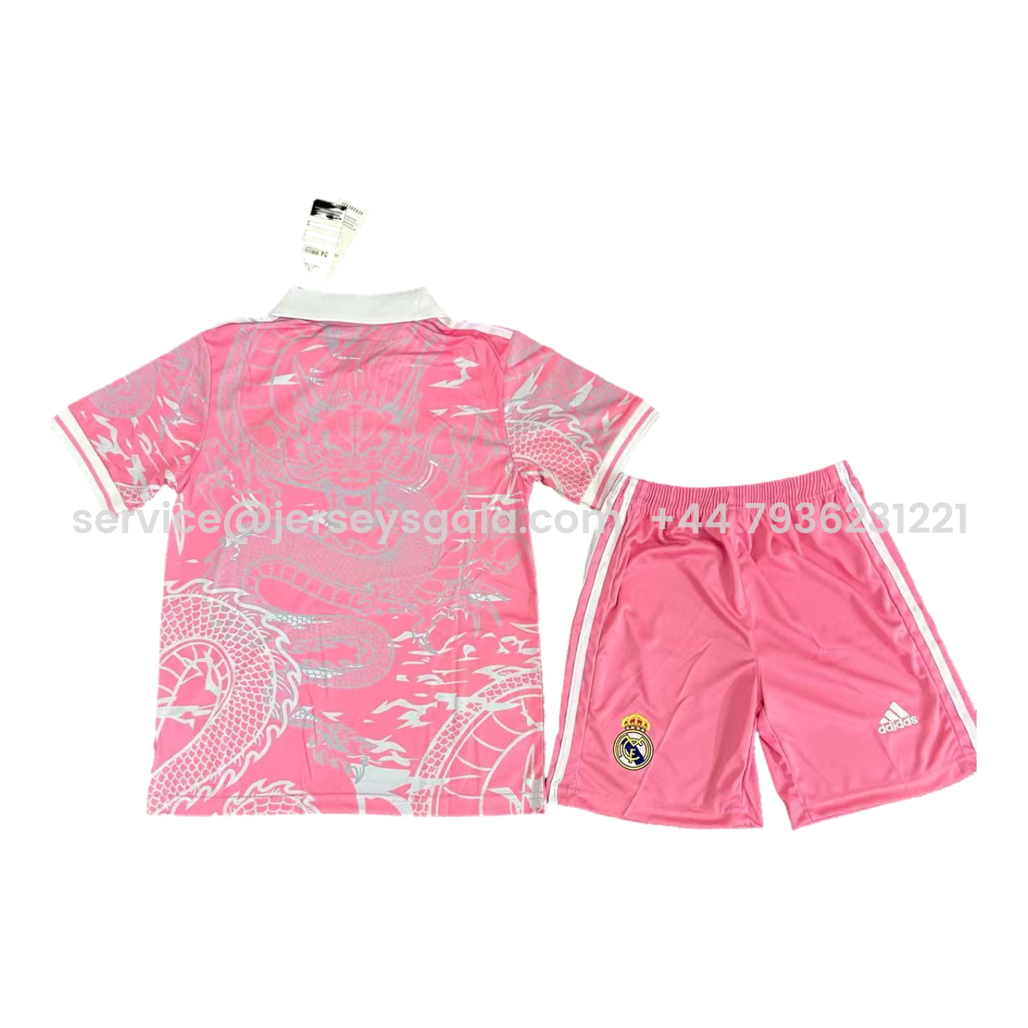 JerseysGala.com | Real Madrid 25-26 White Dragon Pink Special Polo Kids Kit -Customize Name, Number and Patch | Worldwide Shipping