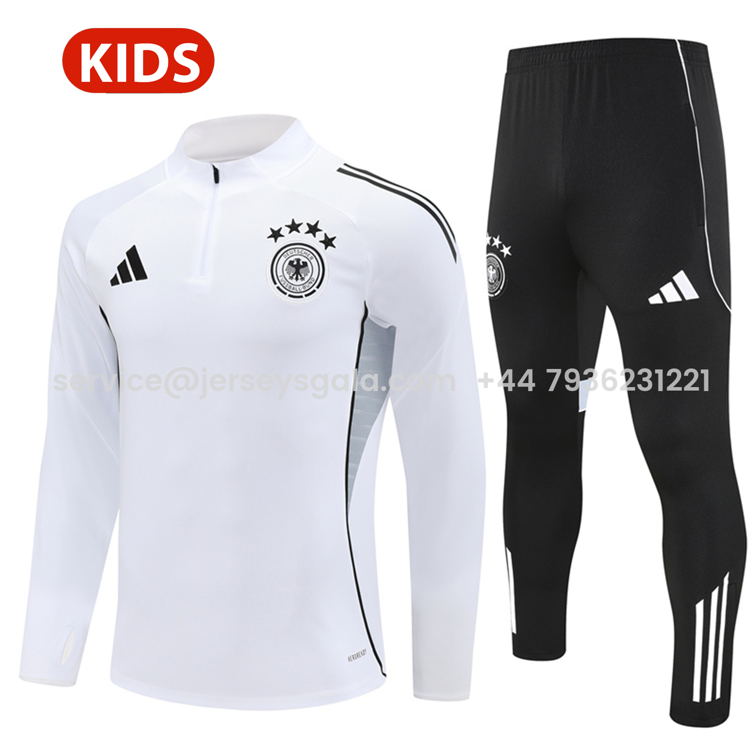 JerseysGala.com | Germany 25-26 Kids Long Sleeve Training Set - White Top and Black Pants -Customize Name, Number and Patch | Worldwide Shipping