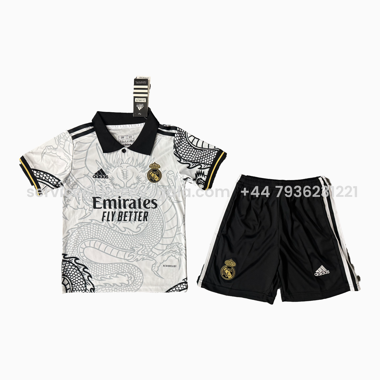 JerseysGala.com | Real Madrid 25-26 Black Gragon White Special Men's Adult Jersey Set - Fans Version -Customize Name, Number and Patch | Worldwide Shipping