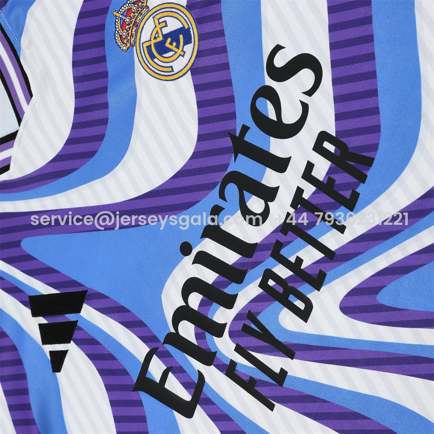 JerseysGala.com | Real Madrid 25-26 Short-Sleeve Training Set - Blue Purple Curve Pattern Top & Black Shorts -Customize Name, Number and Patch | Worldwide Shipping