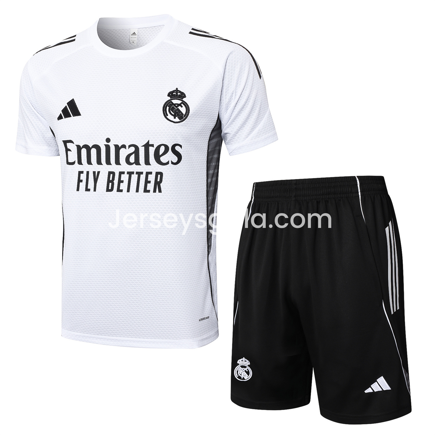 JerseysGala.com | Real Madrid 25-26 Short-Sleeve Training Set - White Top and Black Shorts -Customize Name, Number and Patch | Worldwide Shipping