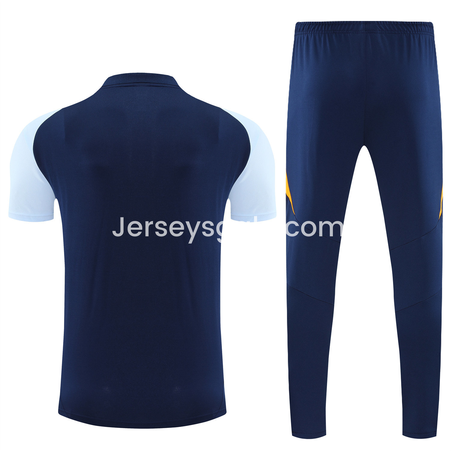 JerseysGala.com | Real Madrid 25-26 POLO Short-Sleeve Training Set - Deep Blue Top and Pants with Yellow Stripes -Customize Name, Number and Patch | Worldwide Shipping
