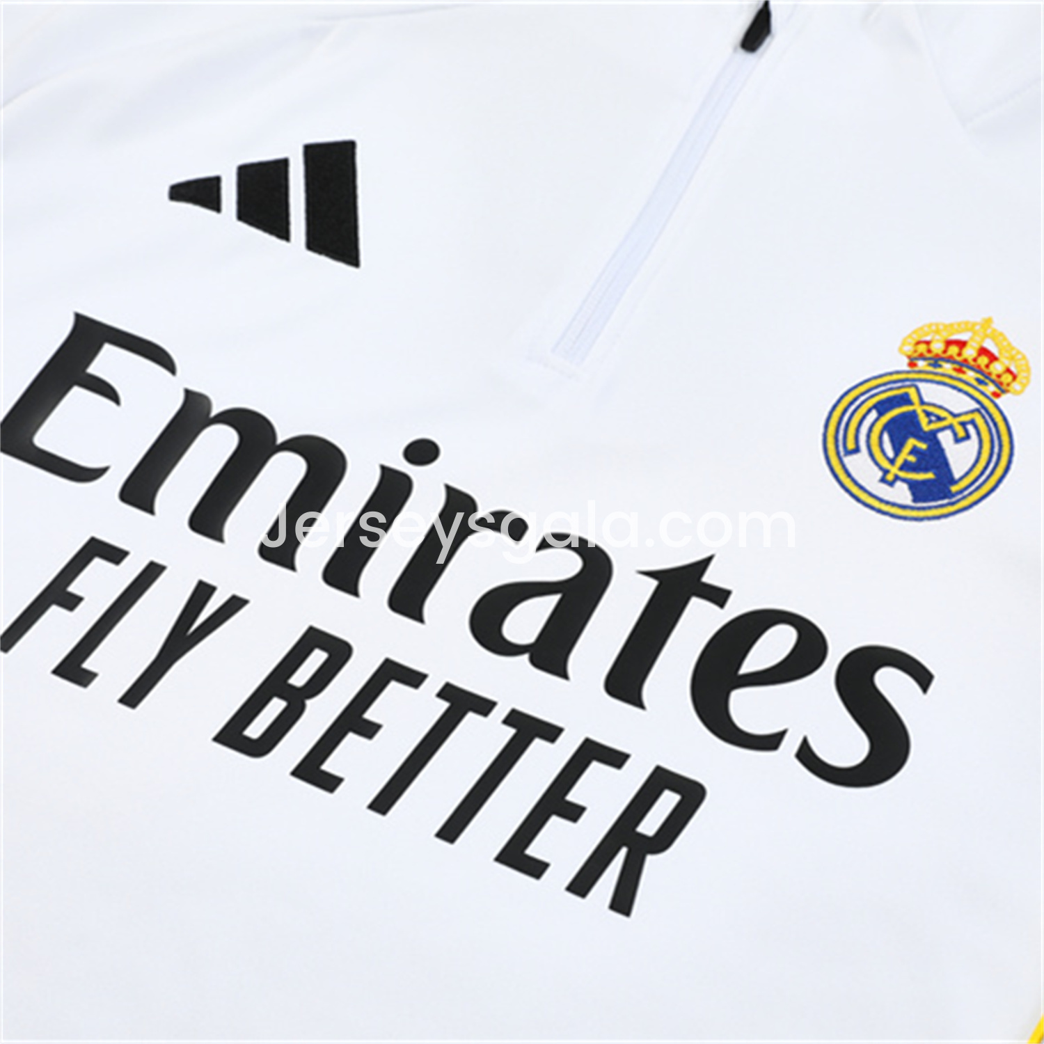 JerseysGala.com | Real Madrid 25-26 Long Sleeve Training Set - Yellow Line White Top and Black Shorts -Customize Name, Number and Patch | Worldwide Shipping