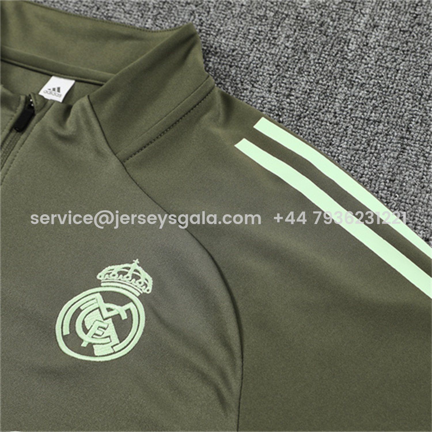 JerseysGala.com | Real Madrid 25-26 Long Sleeve Training Set - Army Green Top & Pants -Customize Name, Number and Patch | Worldwide Shipping