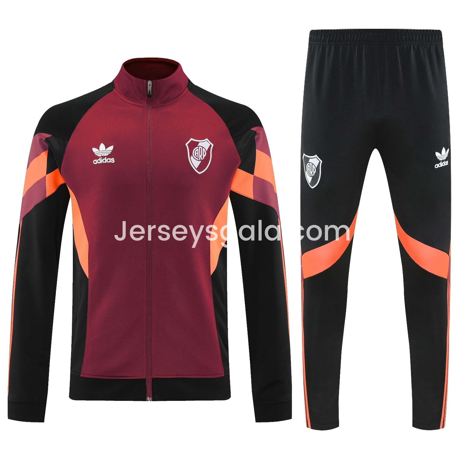 JerseysGala.com | River Plate 25-26 Terrace Jacket Training Tracksuit - Deep Red Jackets & Black Pants -Customize Name, Number and Patch | Worldwide Shipping