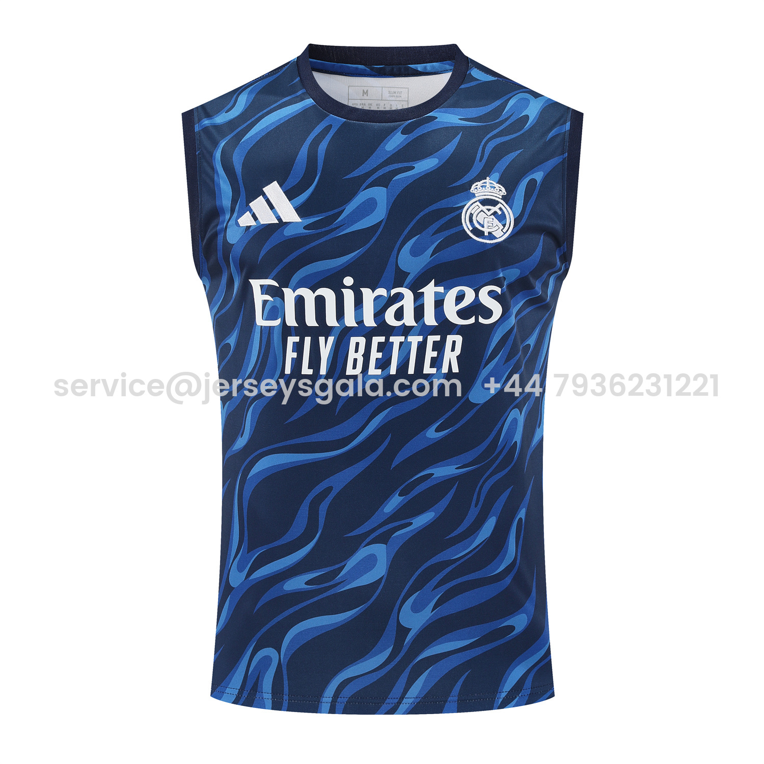 JerseysGala.com | Real Madrid 25-26 Vest Training Set - Blue Water Pattern Top & Deep Blue Shorts -Customize Name, Number and Patch | Worldwide Shipping