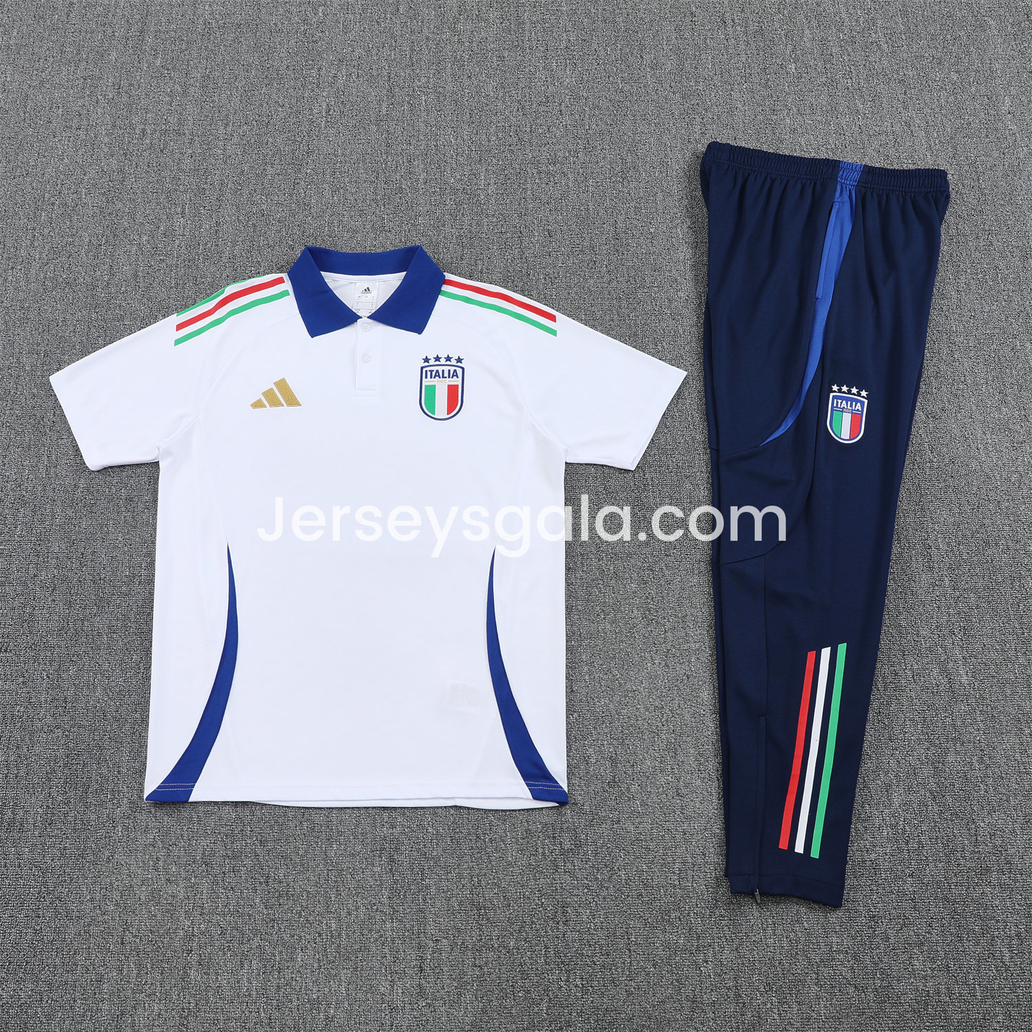 JerseysGala.com | Italy 25-26 POLO Short-Sleeve Training Set - White Top and Deep Blue Pants -Customize Name, Number and Patch | Worldwide Shipping