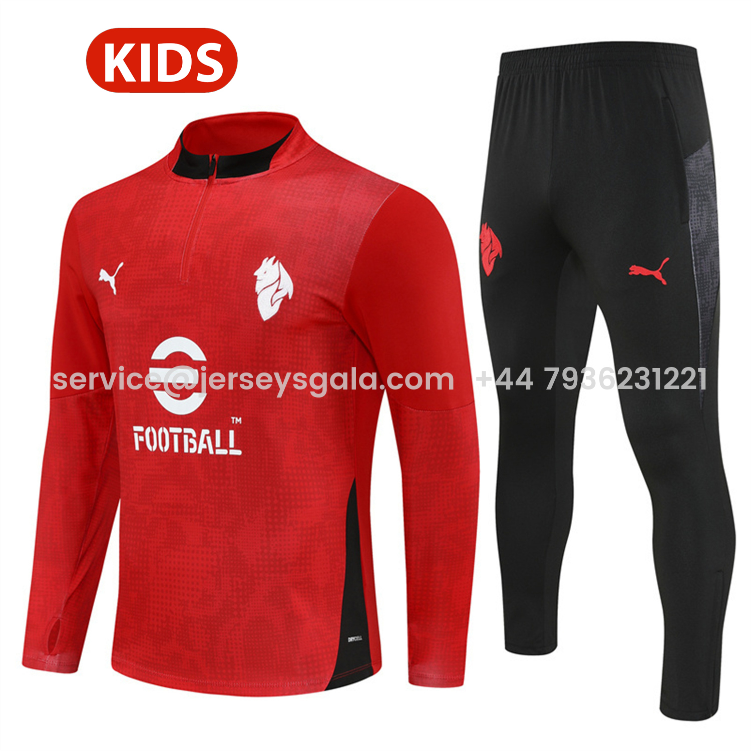 JerseysGala.com | AC Milan 25-26 Kids Long Sleeve Training Set - Red Top & Black Pants -Customize Name, Number and Patch | Worldwide Shipping