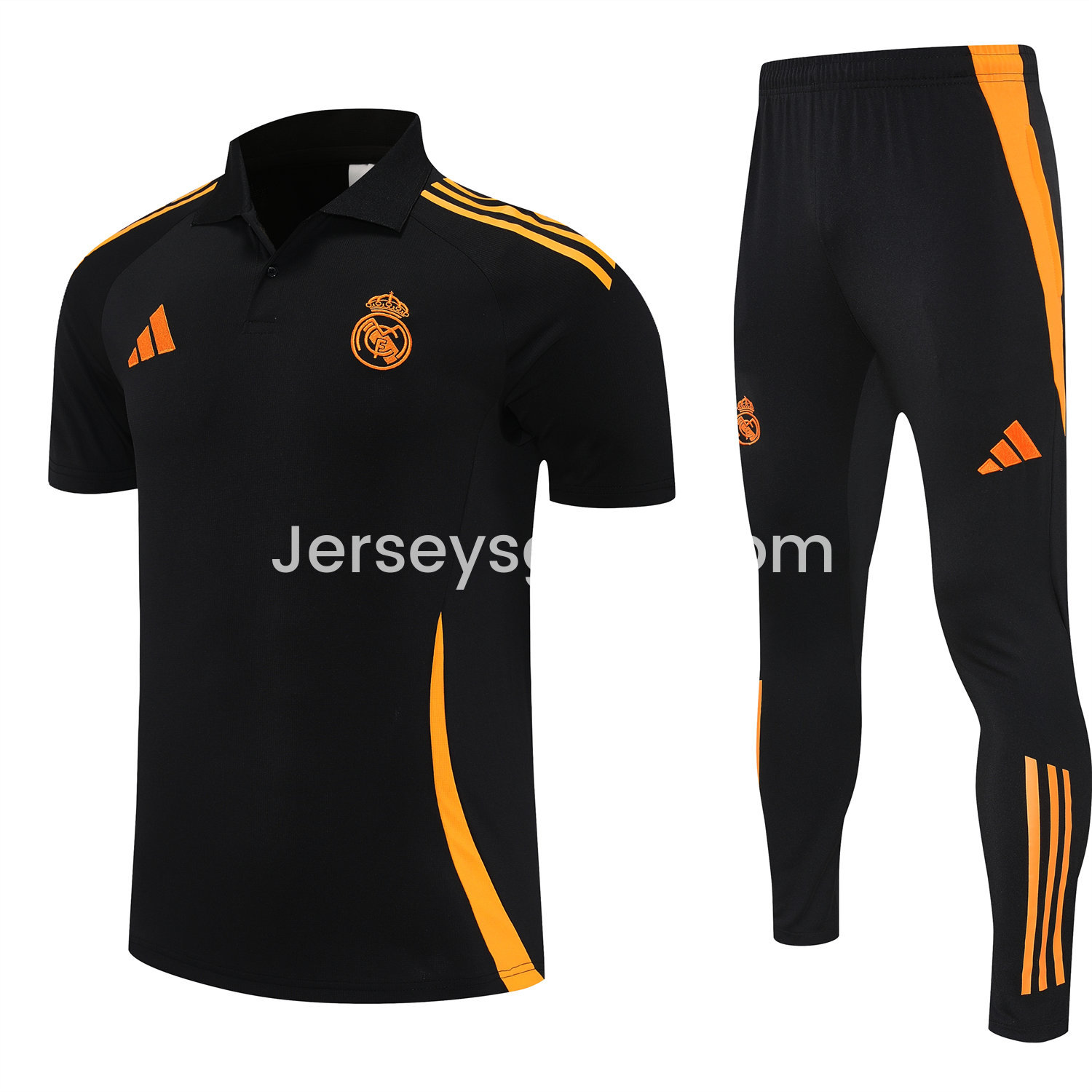 JerseysGala.com | Real Madrid 25-26 POLO Short-Sleeve Training Set - Black Top and Pants with Yellow Stripes -Customize Name, Number and Patch | Worldwide Shipping