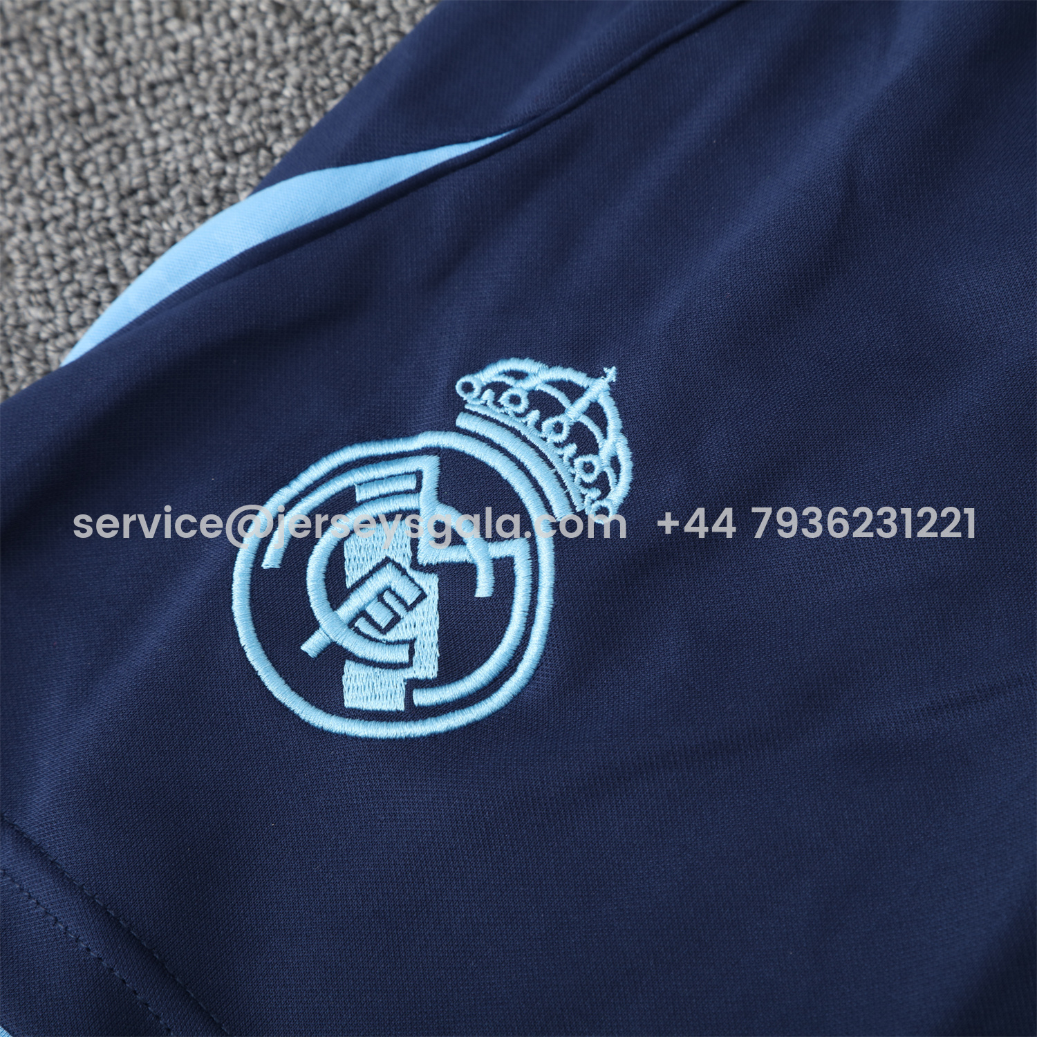 JerseysGala.com | Real Madrid 25-26 Vest Training Set - Blue Water Pattern Top & Deep Blue Shorts -Customize Name, Number and Patch | Worldwide Shipping