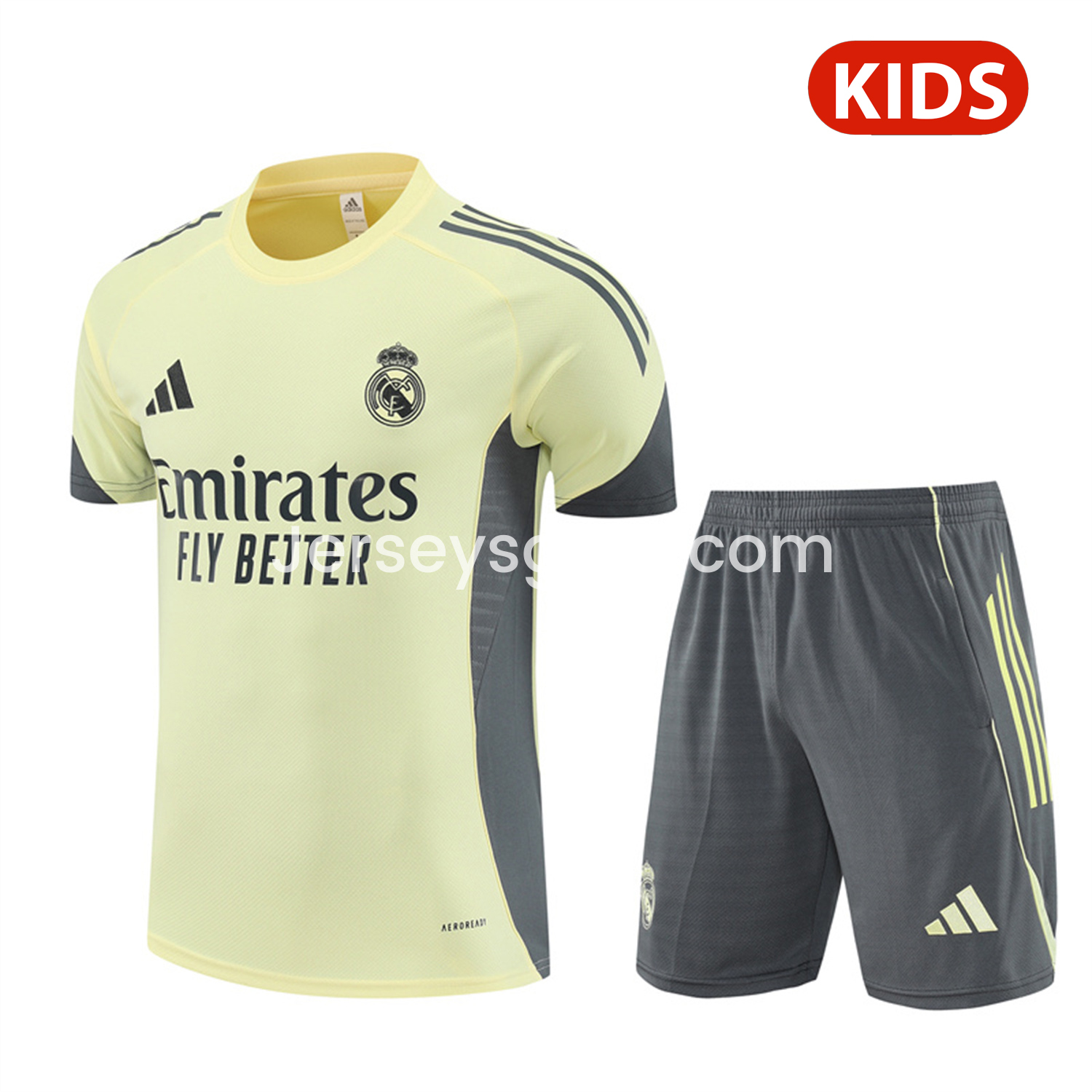 JerseysGala.com | Real Madrid 25-26 Kids Short-Sleeve Training Set - Yellow Top and Grey Shorts -Customize Name, Number and Patch | Worldwide Shipping